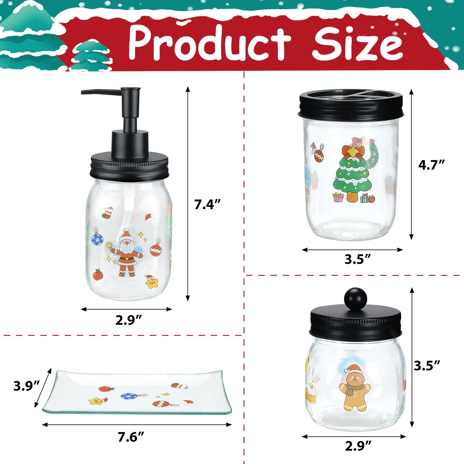 Haturi Bathroom Accessories Set, 4Pcs Christmas Mason Jar Bathroom Decor, Lotion Soap Dispenser, Toothbrush Holder, Qtip Holders