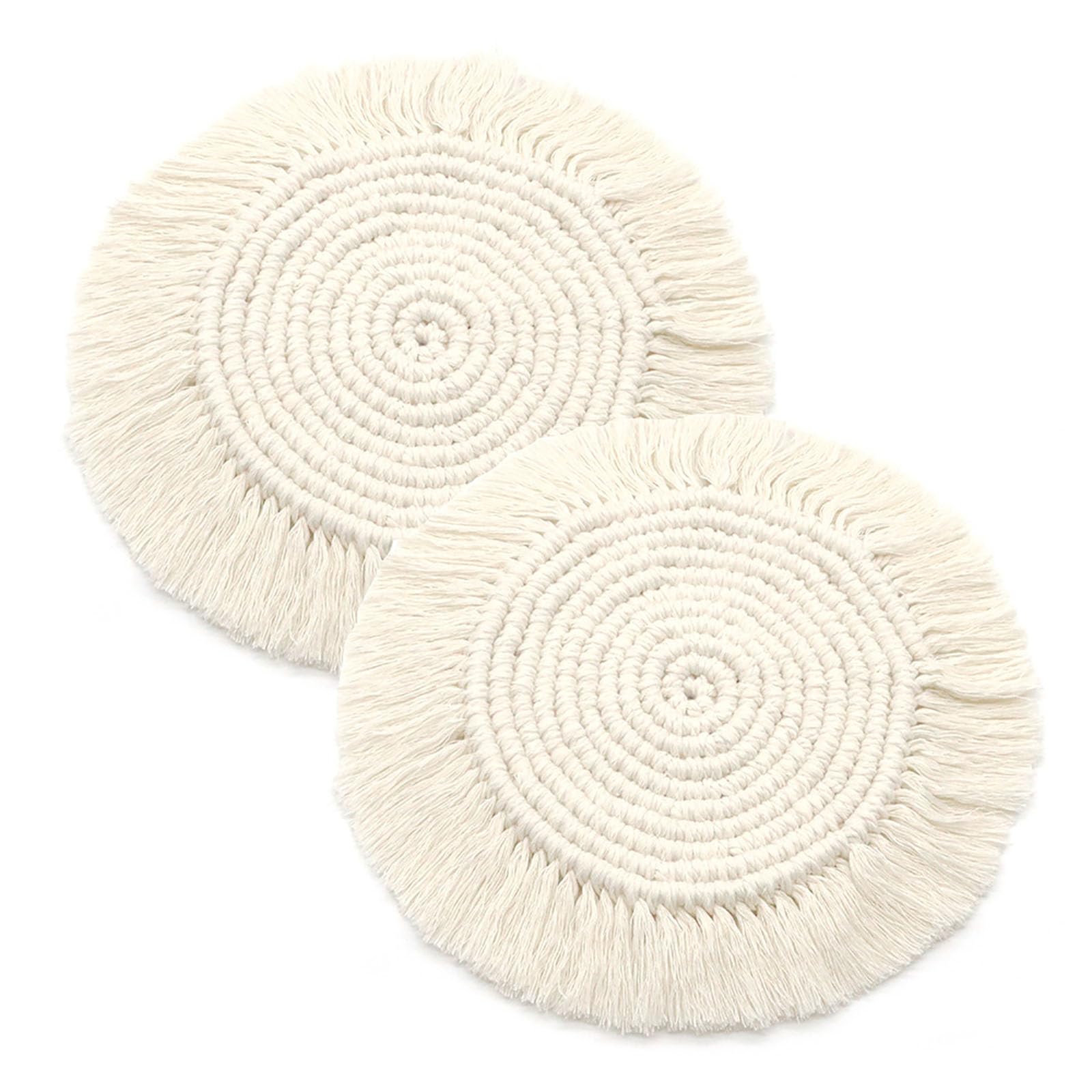 2 Pcs Pot Holder Macrame Handmade Cotton Woven Boho Placemats Tassels Table Mats Coaster Hot Dishes Round Braided Placemats For