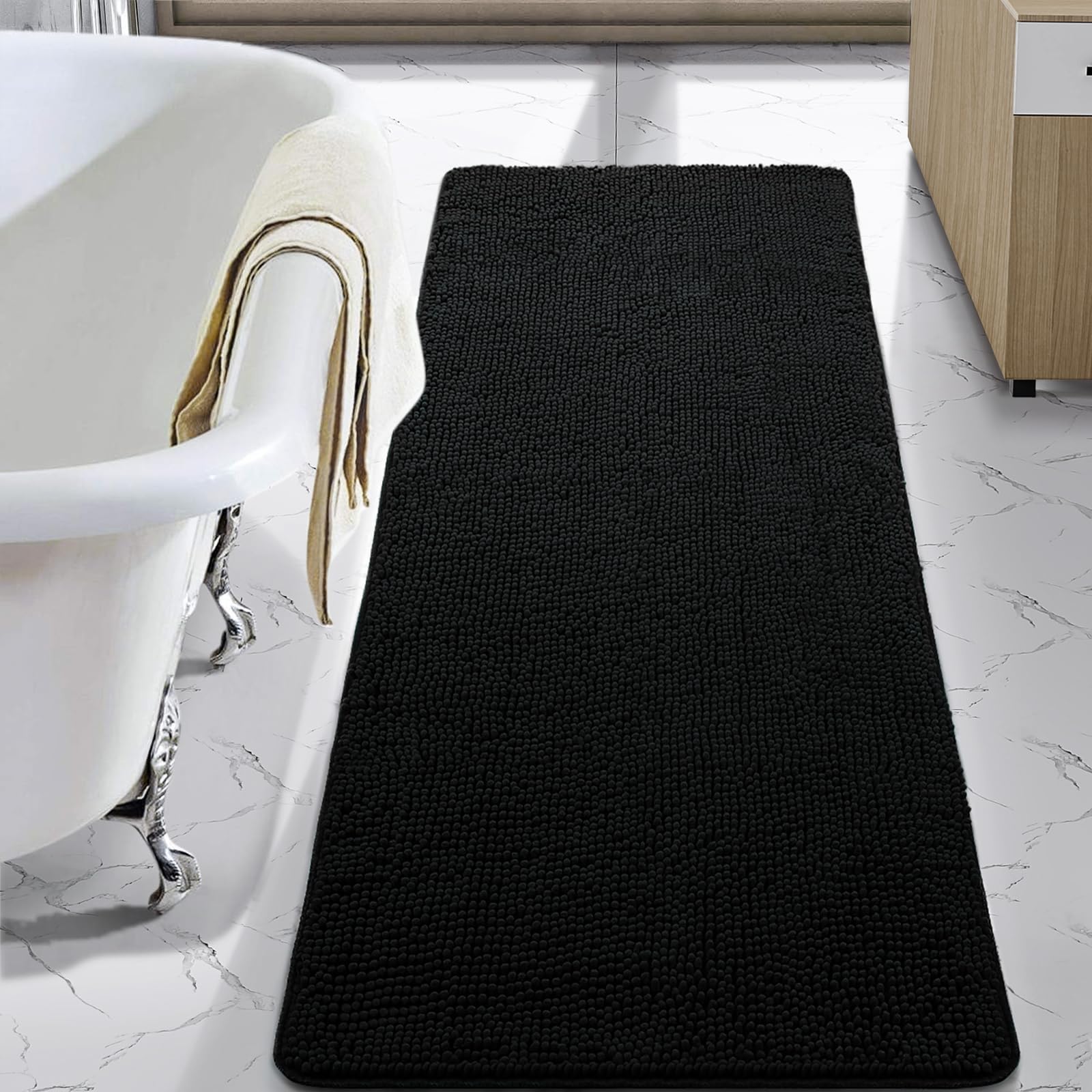 LOCHAS Luxury Bathroom Rug Shaggy Bath Mat 24 x 60 Inch  Washable Non Slip Bath Rugs for Bathroom Shower  Soft Plush Chenille Absorbent Carpets Mats  Black