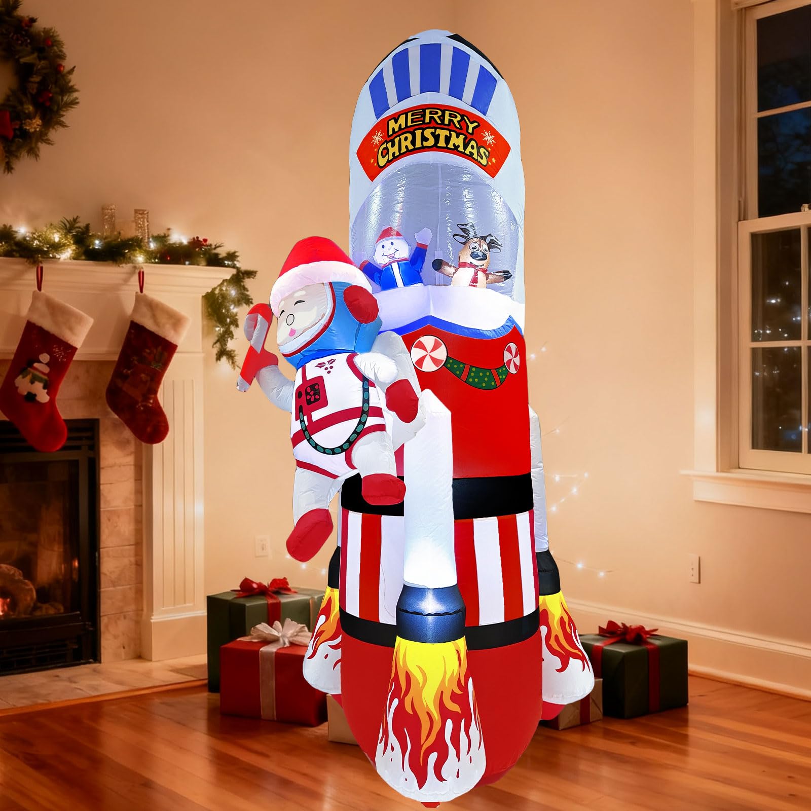 UoVeHoin 8FT Christmas Inflatables Space Outdoor Decorations, Blow Up Santa Claus Snowman Reindeer Rocket Yard Decoration Built-
