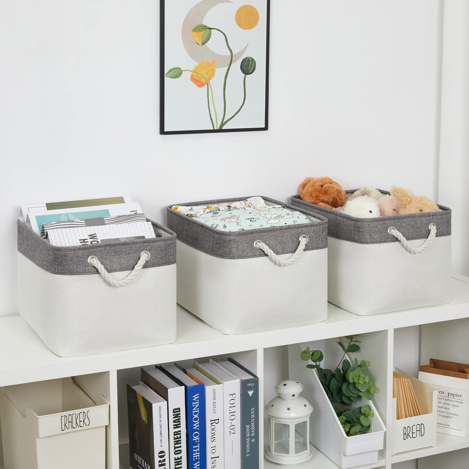 Bidtakay White Baskets With Cotton Rope Handles Decorative Storage Bins [3-Pack] Fabric Bins For Organization Linen Closet Shelf