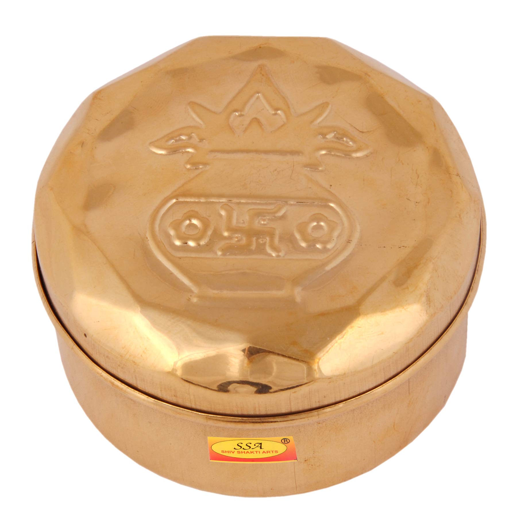 Shiv Shakti Arts Pure Brass Box - Small Mandir Roli / Chawal / Chandan /Kumkum Puja Box / Dibbi With 5 Containers (Small | Diame