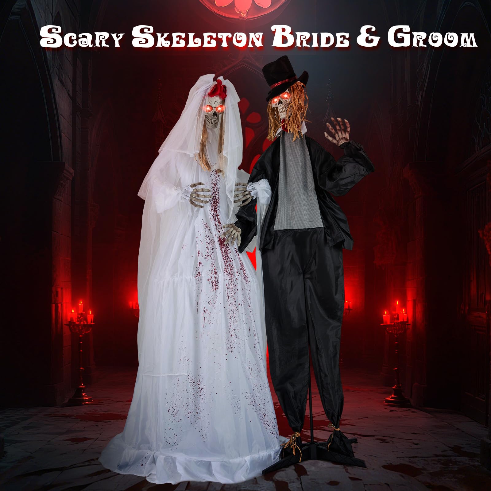 Tangkula Halloween Animatronic Skeleton Bride& Groom Set, 7.2 FT Haunted House Decoration w/Sound-Activated Light-up Eyes, Sound