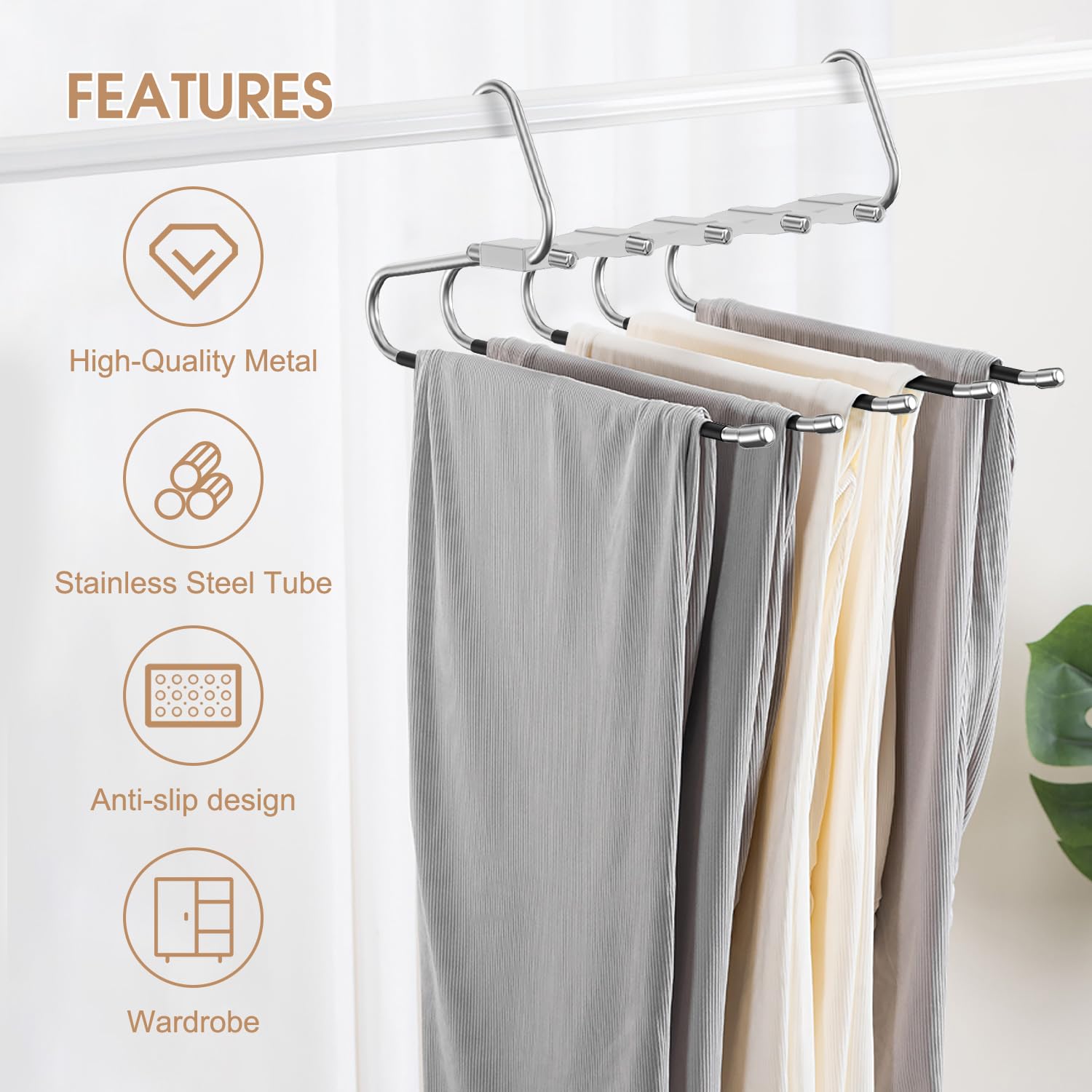 Loretoy 4 Pack Pants Hangers Space Saving, Anti-Slip Multi-Functional Pants Rack, Thickened Stainless Steel Tube, Two Hanging Mo