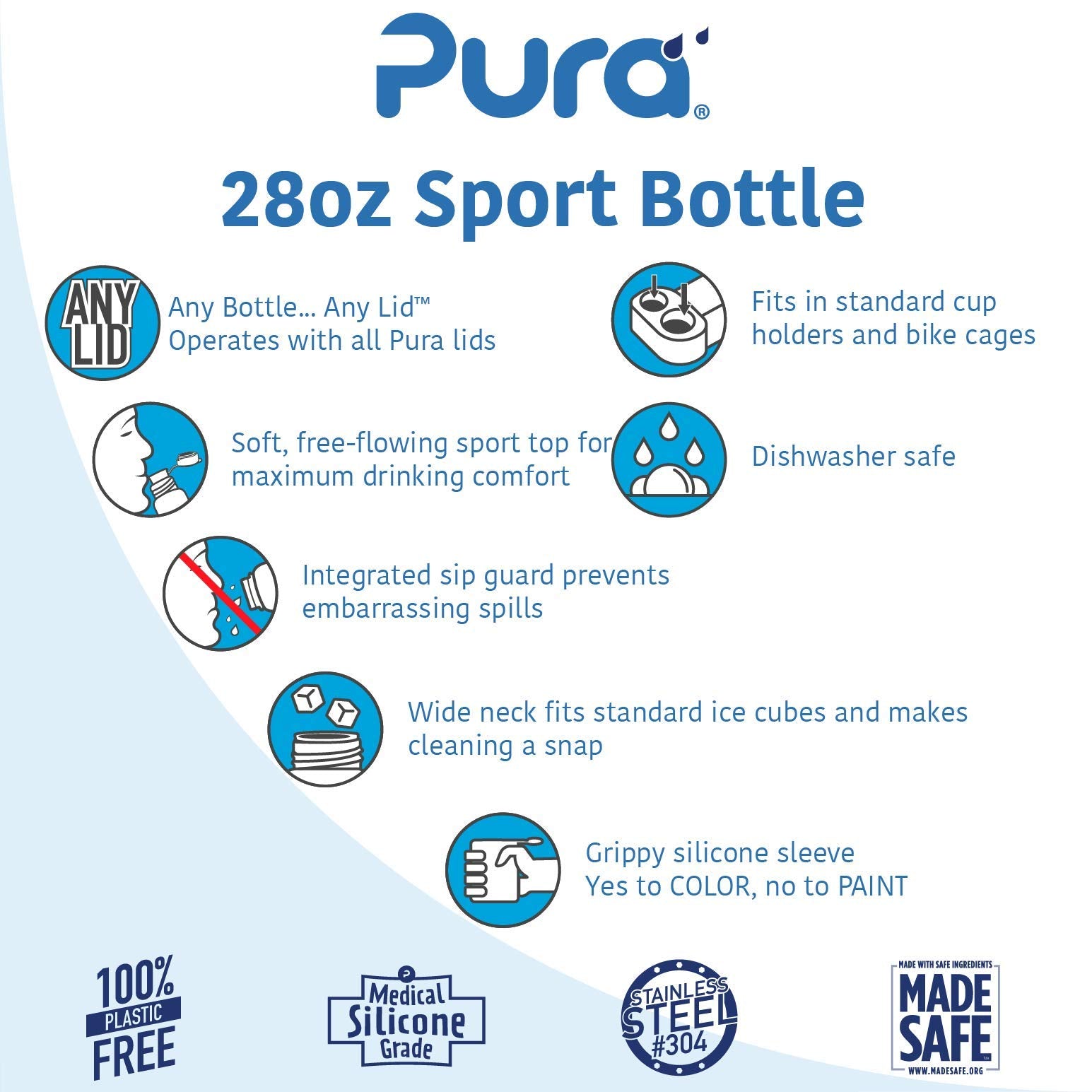 Pura Big Mouth Standard Stainless Steel - Sport Water Bottle W/Silicone Sleeve For Warm & Cold Drinks, Plastic-Free, Madesafe Ce