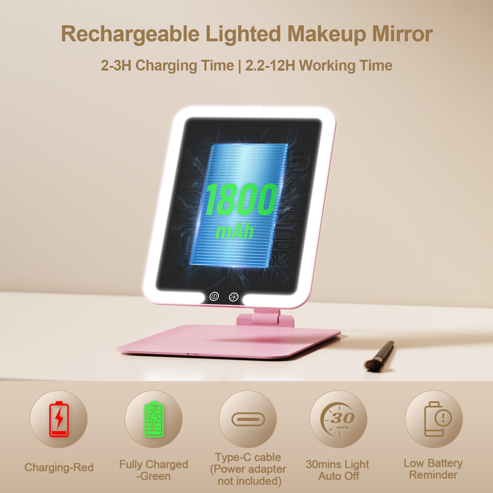 Benbilry Travel Makeup Mirror with Light, 15X Magnifying Mirror & 3 Color Modes, 1800mAh Rechargeable, Adjustable Height/Angle S