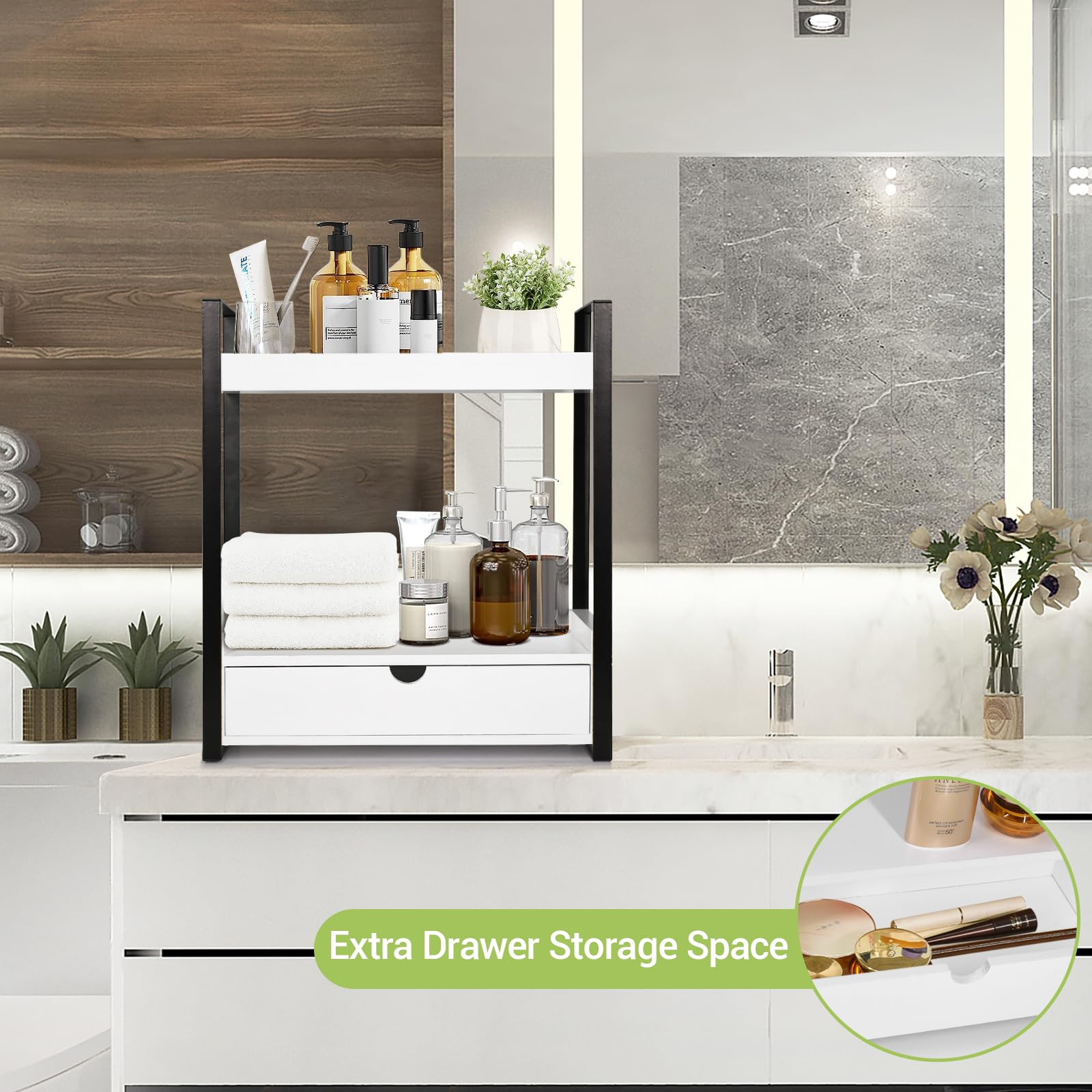 2-Tier Bathroom Organizer Countertop With Drawer, Wood Counter Shelf For Bathroom Storage, Vanity Tray For Bathroom Organization