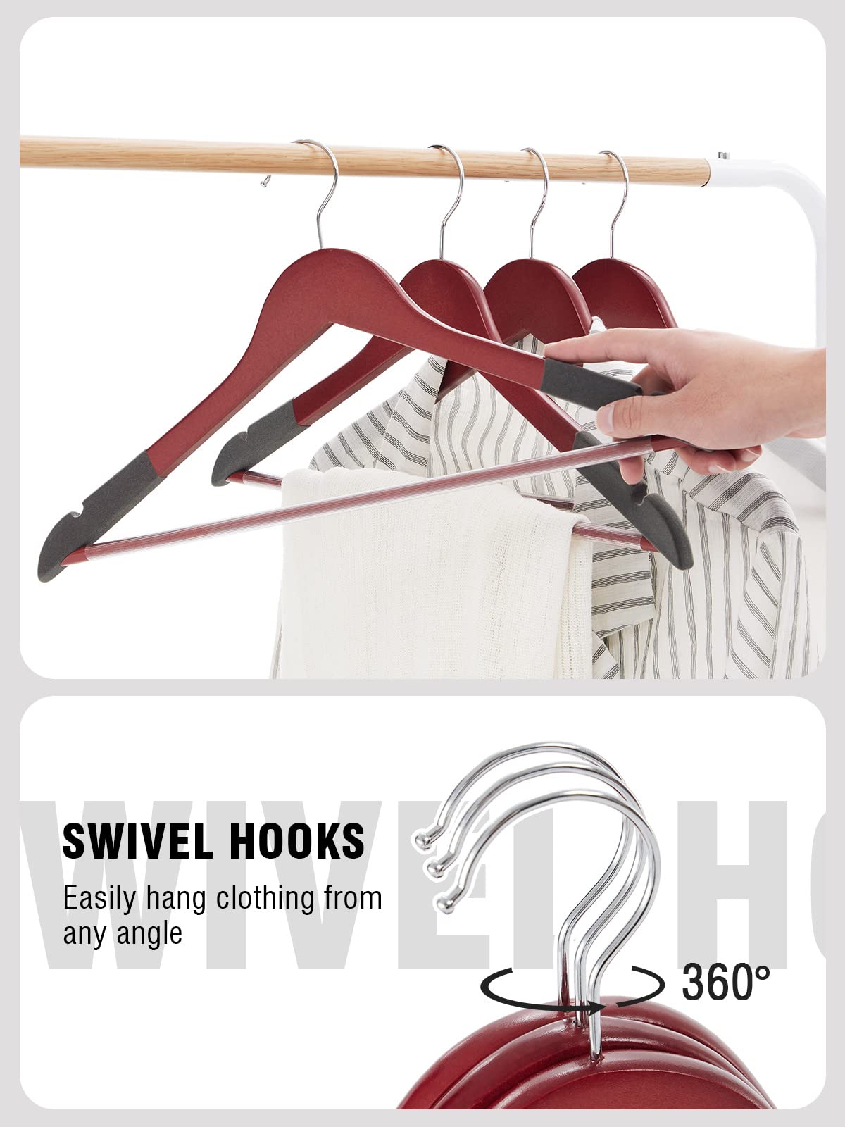 Solid Natural Wooden Coat Hangers, 20 Pack Heavy Duty Smooth Finish Suit Hangers With Non-Slip Pant Bar, Precisely Cut Notches &