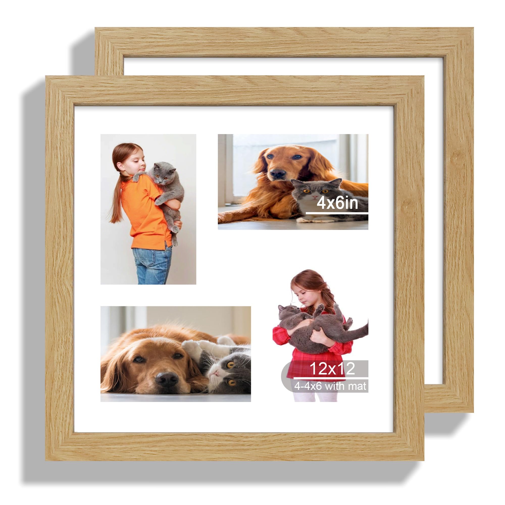 Hongkee 12x12 Picture Frame Set of 2, Natural Oak Wood Frame with Glass Collage Frame, Display Pictures 4-4x6 With Mat or 12 x 1