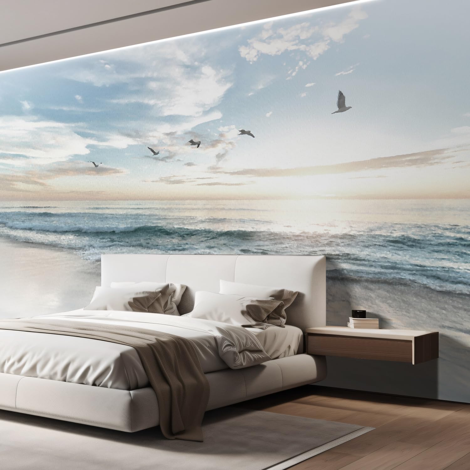 Wall26 - Large Wall Mural - Seacape With Waves On The Beach And Flying Seagulls | Self-Adhesive Vinyl Wallpaper/Removable Modern