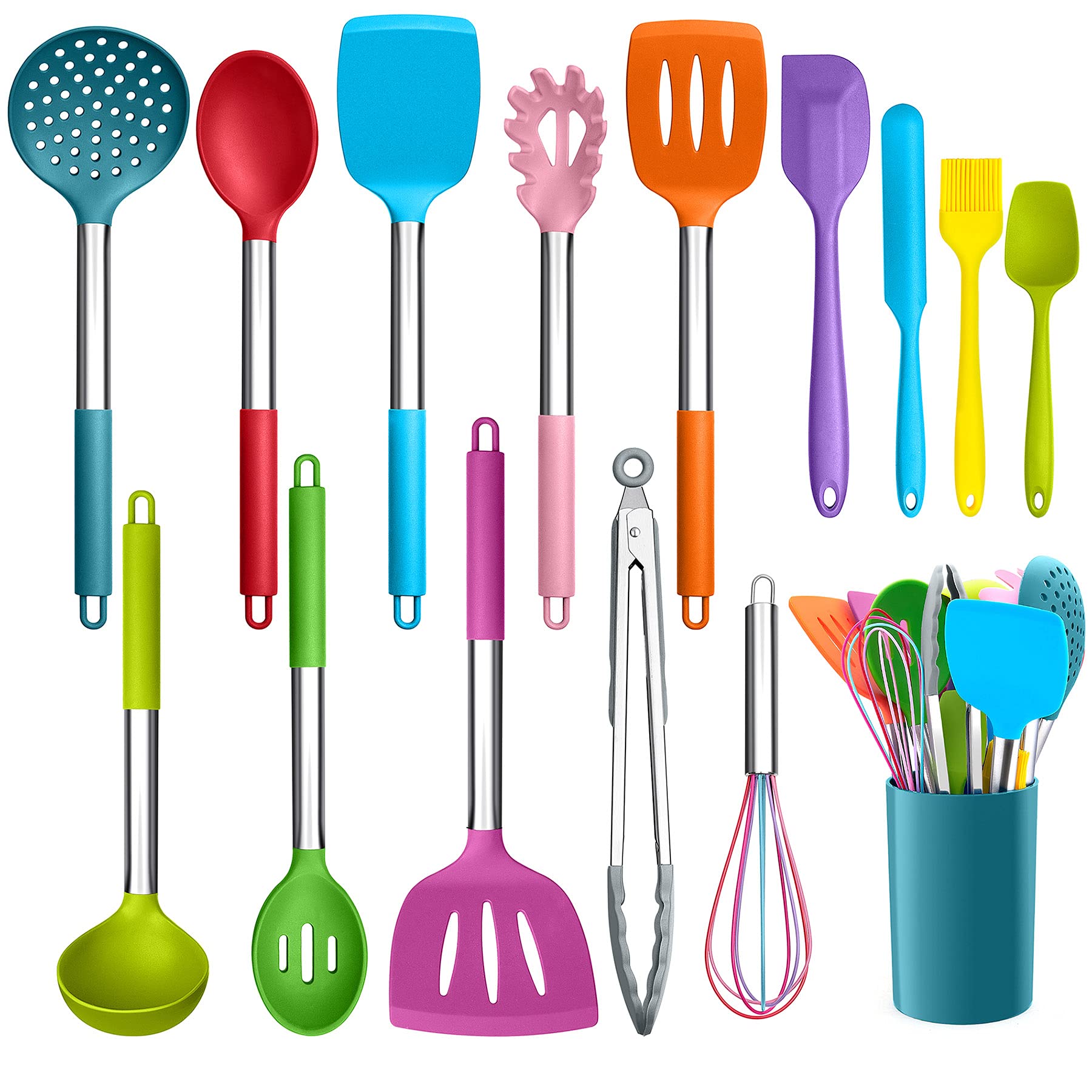 Lianyu 15-Piece Kitchen Cooking Utensils Set With Holder, Silicone Kitchen Tools Stainless Steel Handle, Slotted Spatula Spoon T