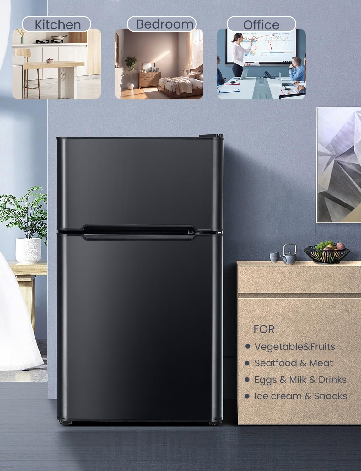 Nafort Mini Fridge With Freezer 3.2 Cu Ft. 2-Door Freezer Cooler Refrigerator With Reversible Door, Removable Glass Shelves&Draw