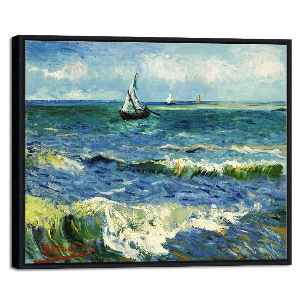 Wieco Art Black Framed Art Seascape At Saintes Maries By Vincent Van Gogh Oil Paintings Reproduction Modern Canvas Prints Sea Pi