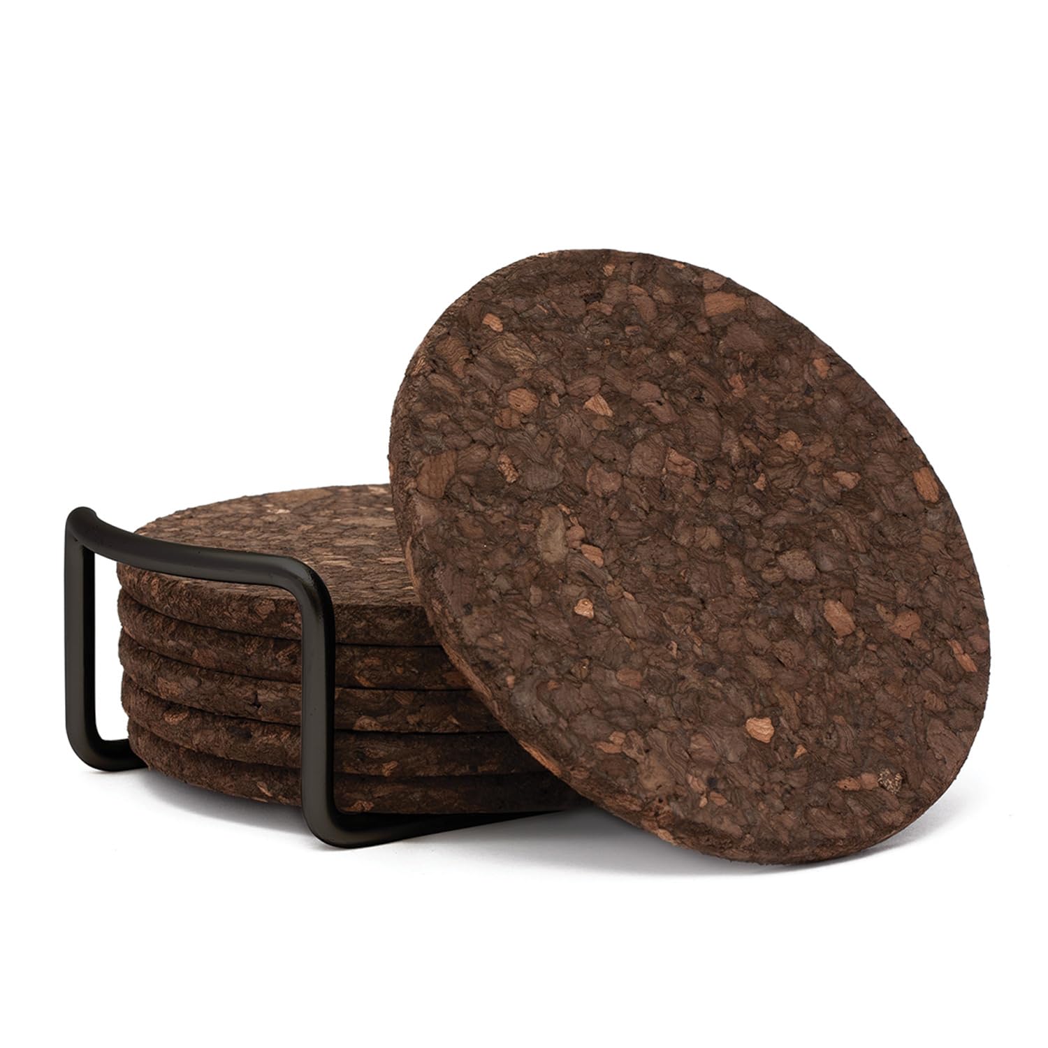Thirstystone Set of 6 Thick Dark Cork Coasters in Attractive Black Coaster Holder 4.7'' Round Durable Absorbent Easily Wipes Clean