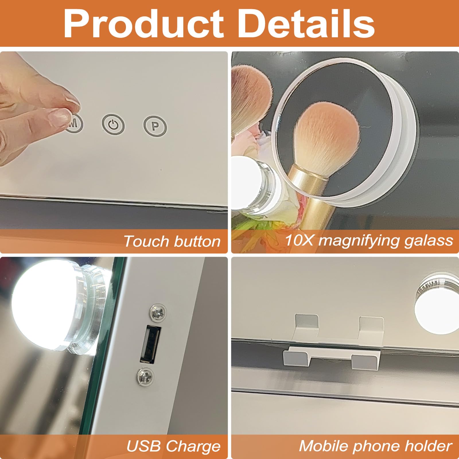 Luxevue Vanity Mirror With Lights, Makeup Mirror, Lighted Hollywood Mirror With Dimmable 3 Color Lights, Detachable 10X Spot Mir
