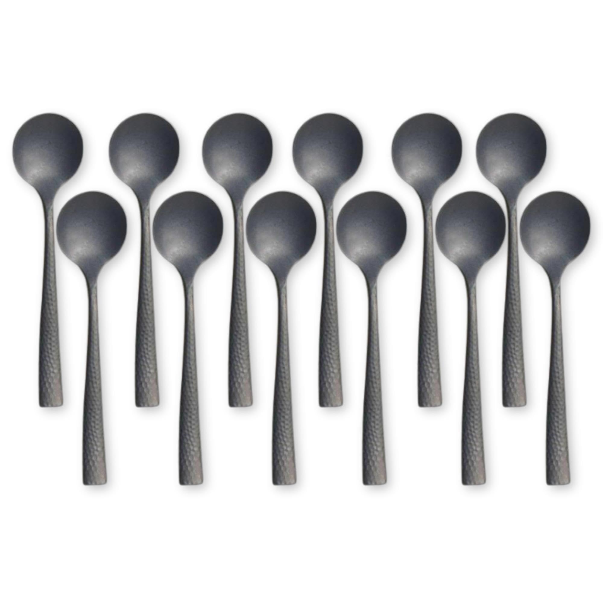 Steelite Round Bouillon Soup Spoons, Varick Malcolm Black Hammered Textured Handle, 18/10 Stainless Steel Utensils, Silverware F