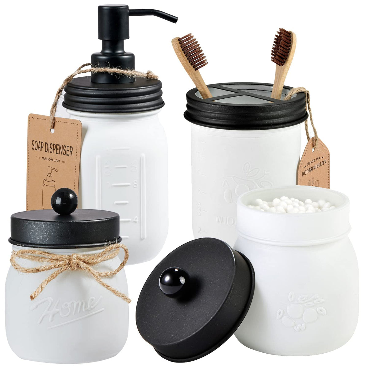 Amolliar Mason Jar Bathroom Accessories Set (4 Pack)-White Retro Lotion Soap Dispenser & 2 Apothecary Jars & Toothbrush Holder-