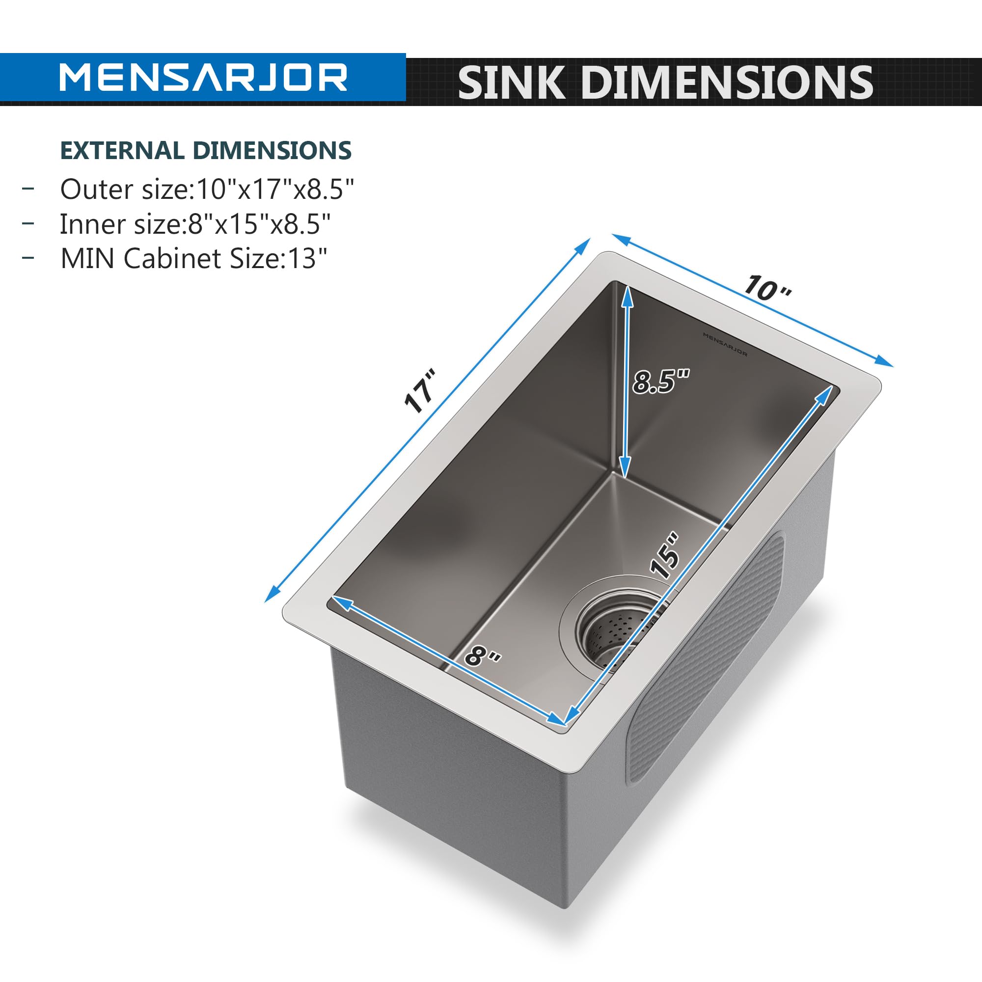Mensarjor Bar Sink, 10 X 17 Inch Undermount Kitchen Sink, 16 Gauge Stainless Steel Sink, Handmade For Kitchen Sink, Bar Sink, Or