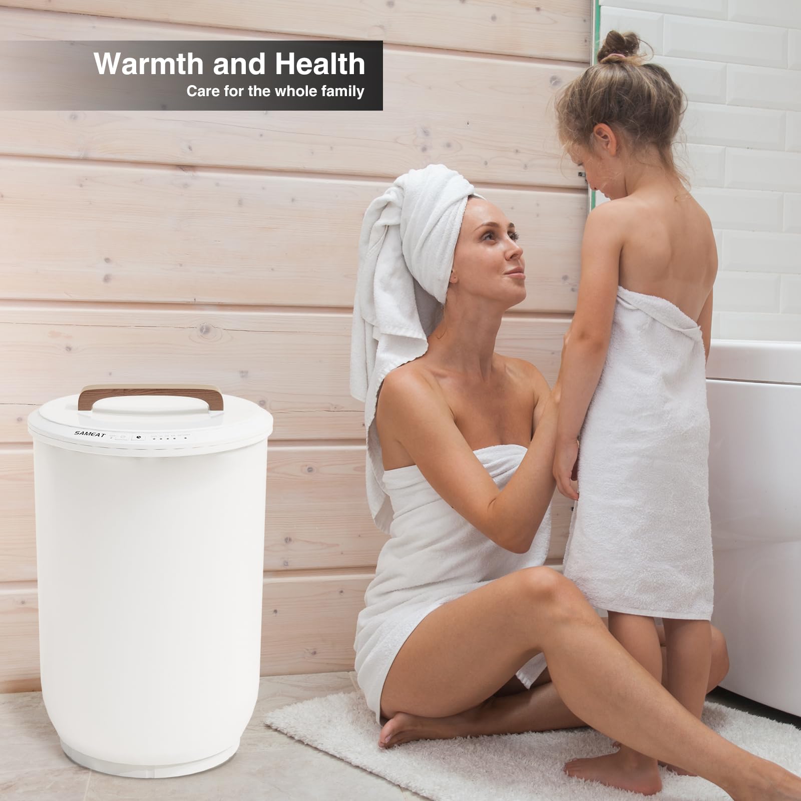 Sameat Heated Towel Warmers For Bathroom - Large Towel Warmer Bucket, Wood Handle, Auto Shut Off, Fits Up To Two 40''X70'' Overs