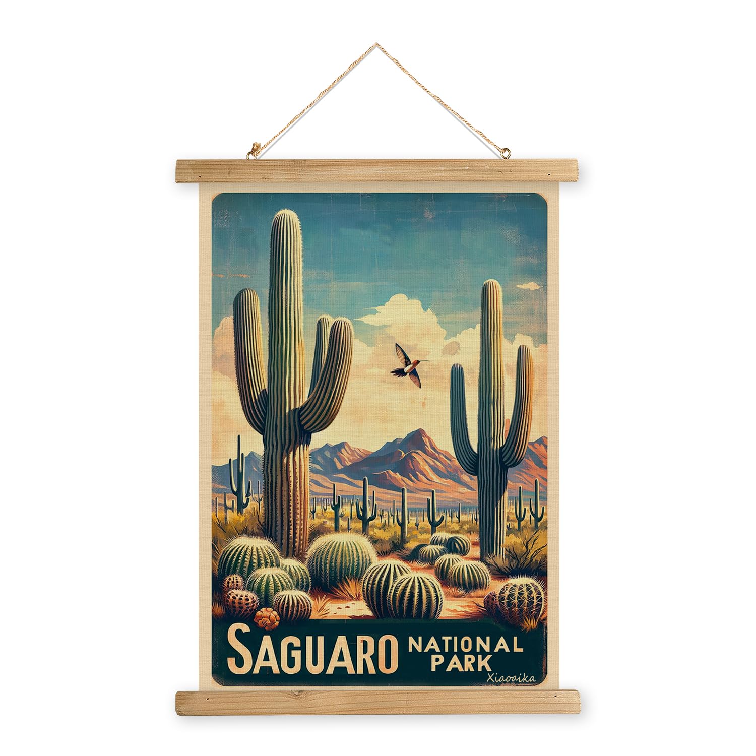 Xiaoaika Vintage Saguaro National Park Travel Poster With Wooden Scroll Frame - Living Room, Bedroom, Home, Office Retro Art Pri