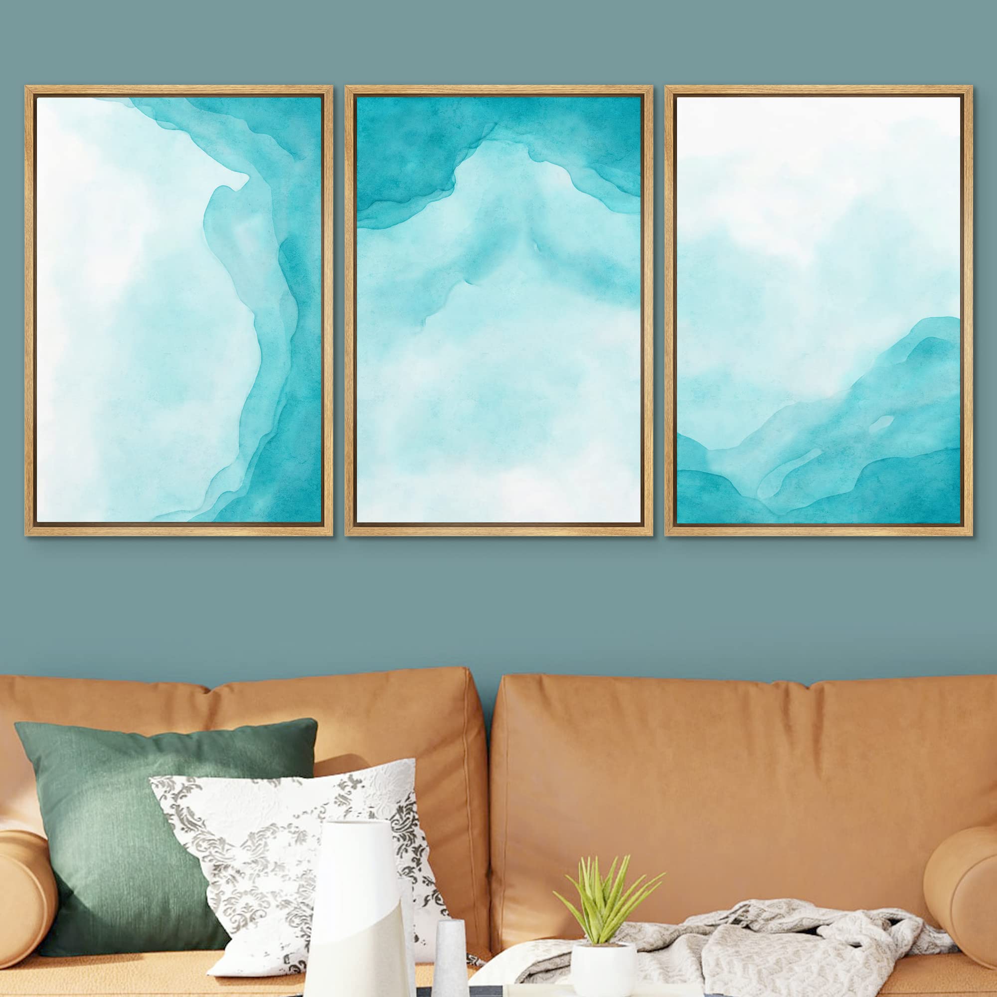 Signwin Framed Canvas Print Wall Art Set Vibrant Teal Watercolor Paint Stroke Collage Landscape Abstract Shapes Illustrations Mo