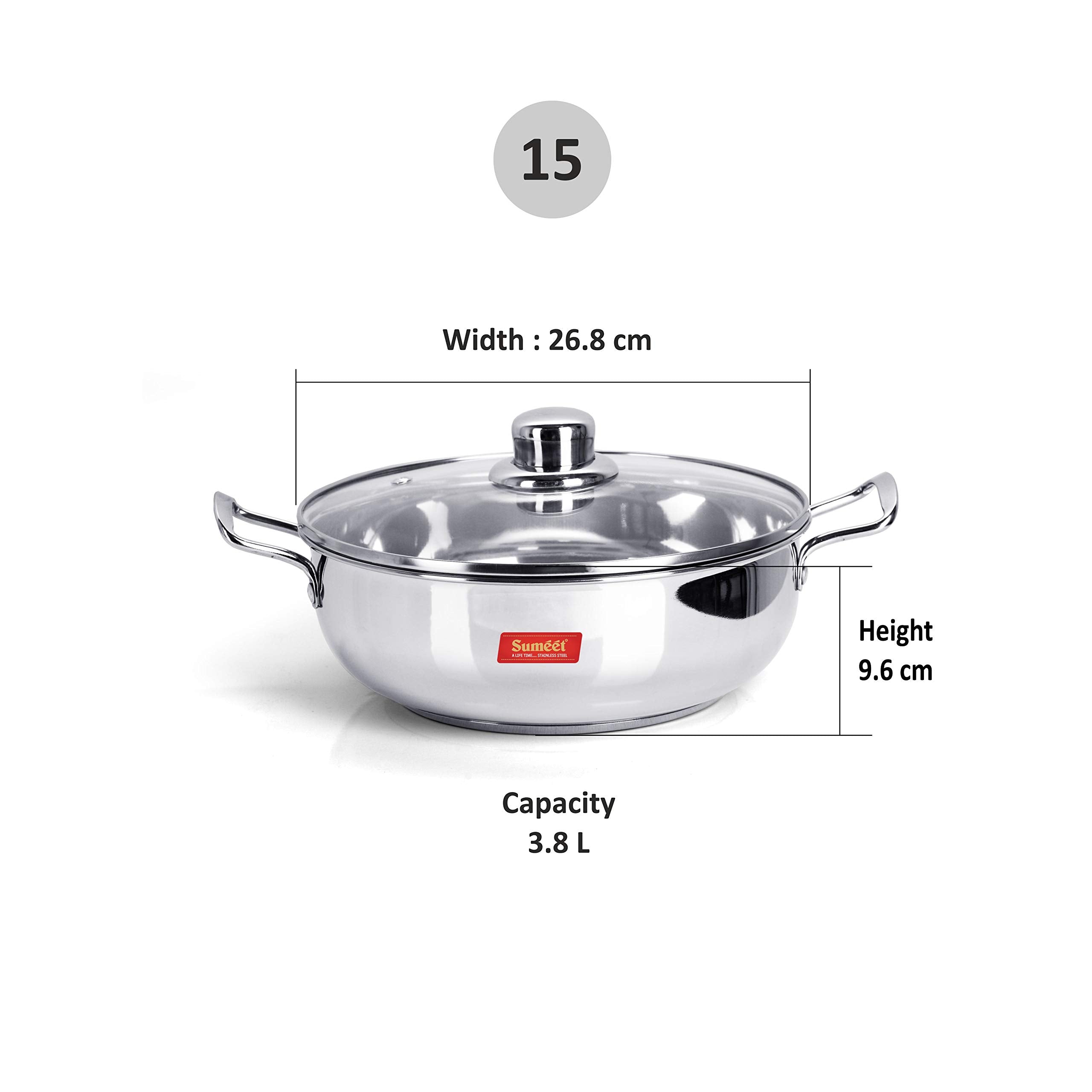 Sumeet Stainless Steel Induction Bottom (Encapsulated Bottom) Induction & Gas Stove Friendly Kadhai With Glass Lid Size No.15 (3