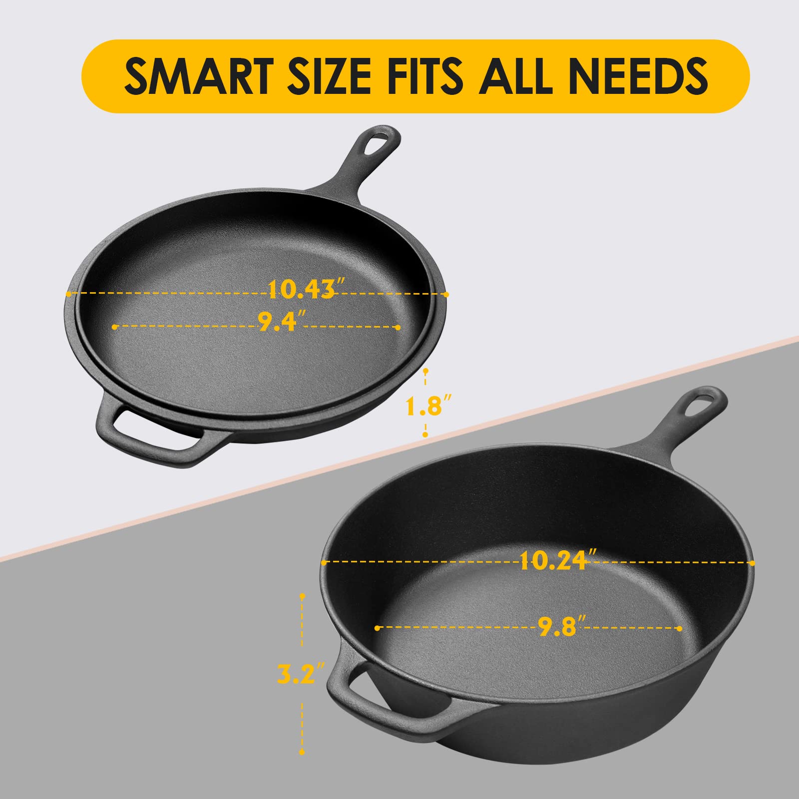 Edging Casting 2-In-1 Pre-Seasoned Cast Iron Dutch Oven Pot With Skillet Lid Set, 10'' Skillet 3Qt Pot For Cooking, Baking, Fryi