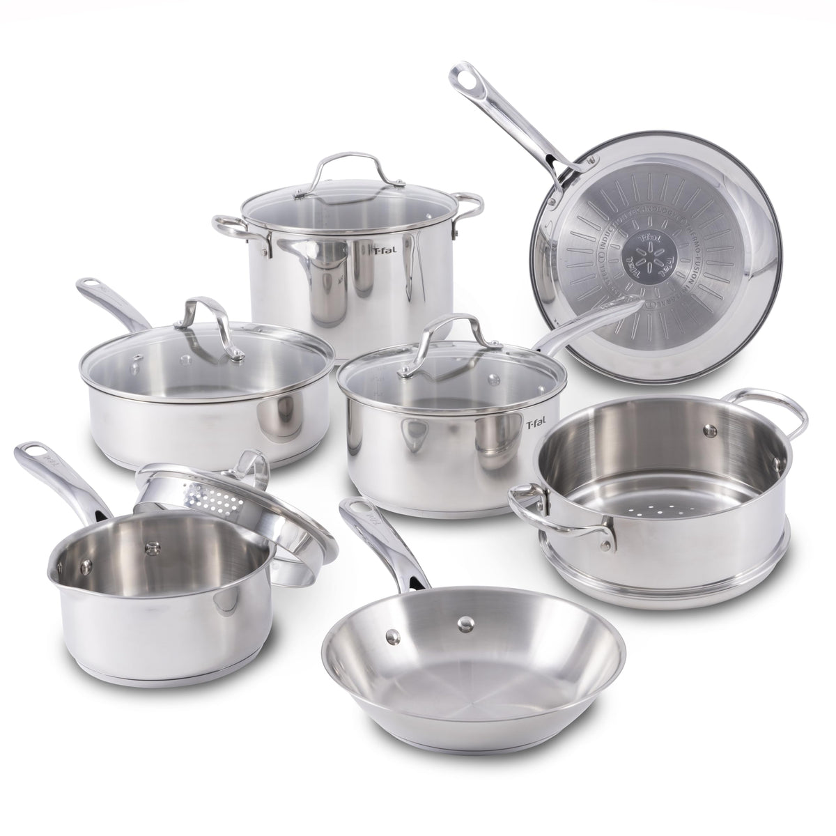T-fal Gourmet Stainless Steel Cookware Set 11 Piece, Induction, Oven Broiler Safe 500F, Kitchen Cooking Set w/Fry Pans, Saucepan