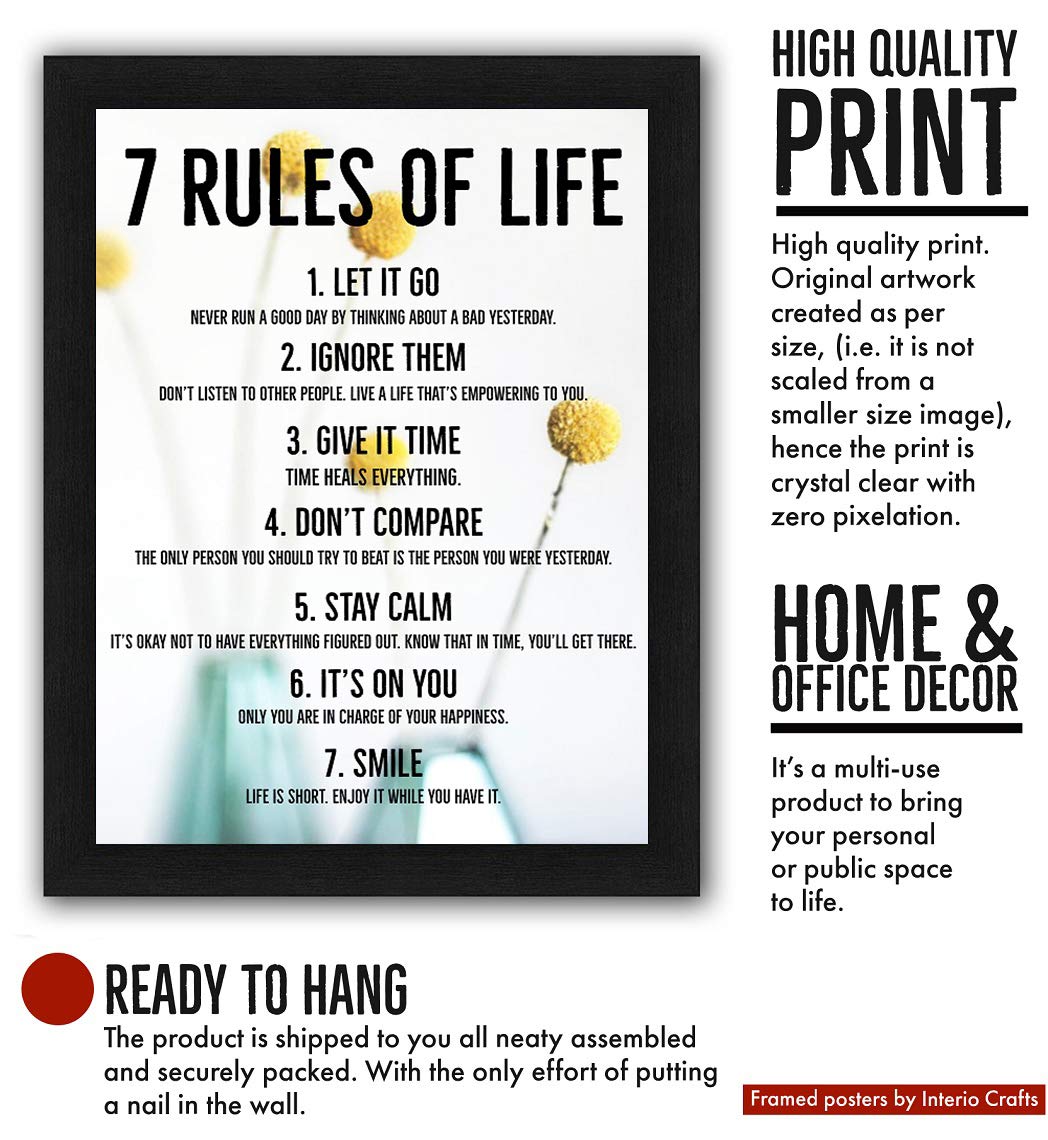 Interio Crafts 7 Rule Motivational Framed Poster Quote Wall Poster For Living Room Bedroom Office Wall Decoration (White,13X10 I