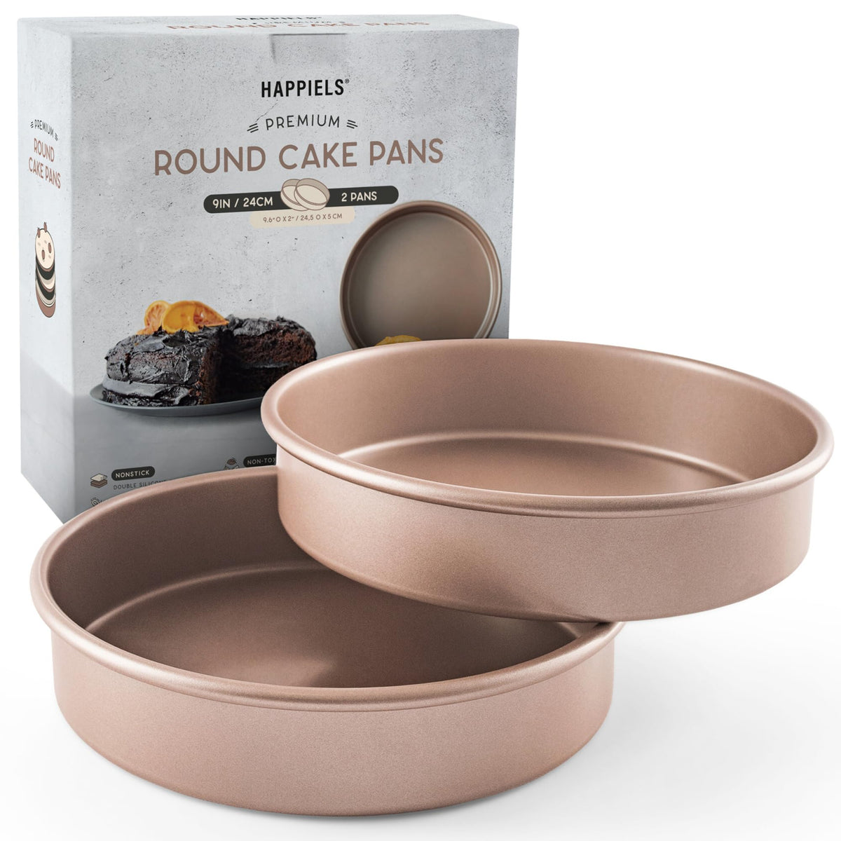 Happiels Non Toxic Nonstick 9 Inch Round Cake Pans Set Of 2 | Quality Non Stick 9 Inches Layer Circle Cake Pan 2 Inches Deep | B