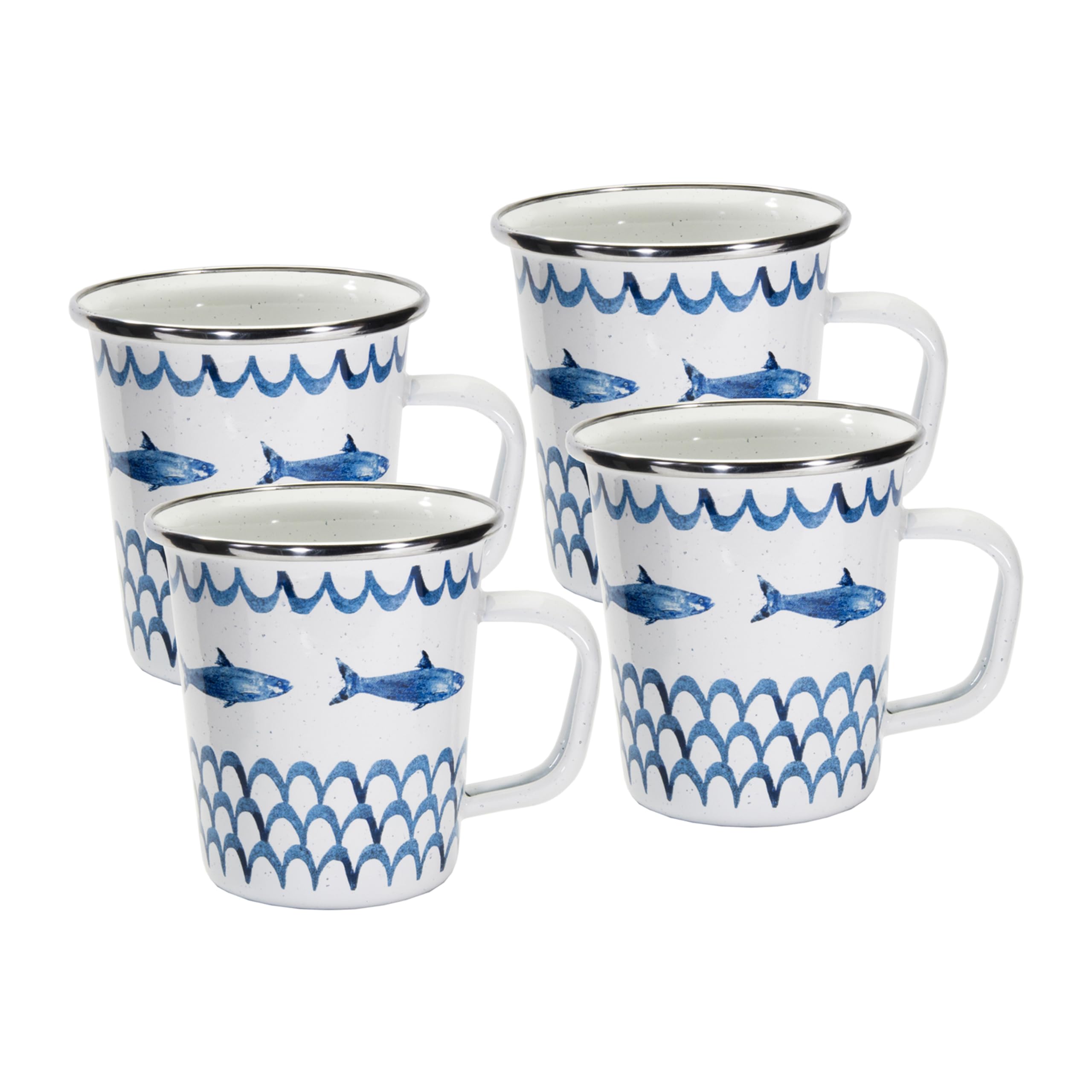Golden Rabbit Enamelware Latte Coffee or Tea Mugs, 16 ounce, Fish Camp, Set of 4