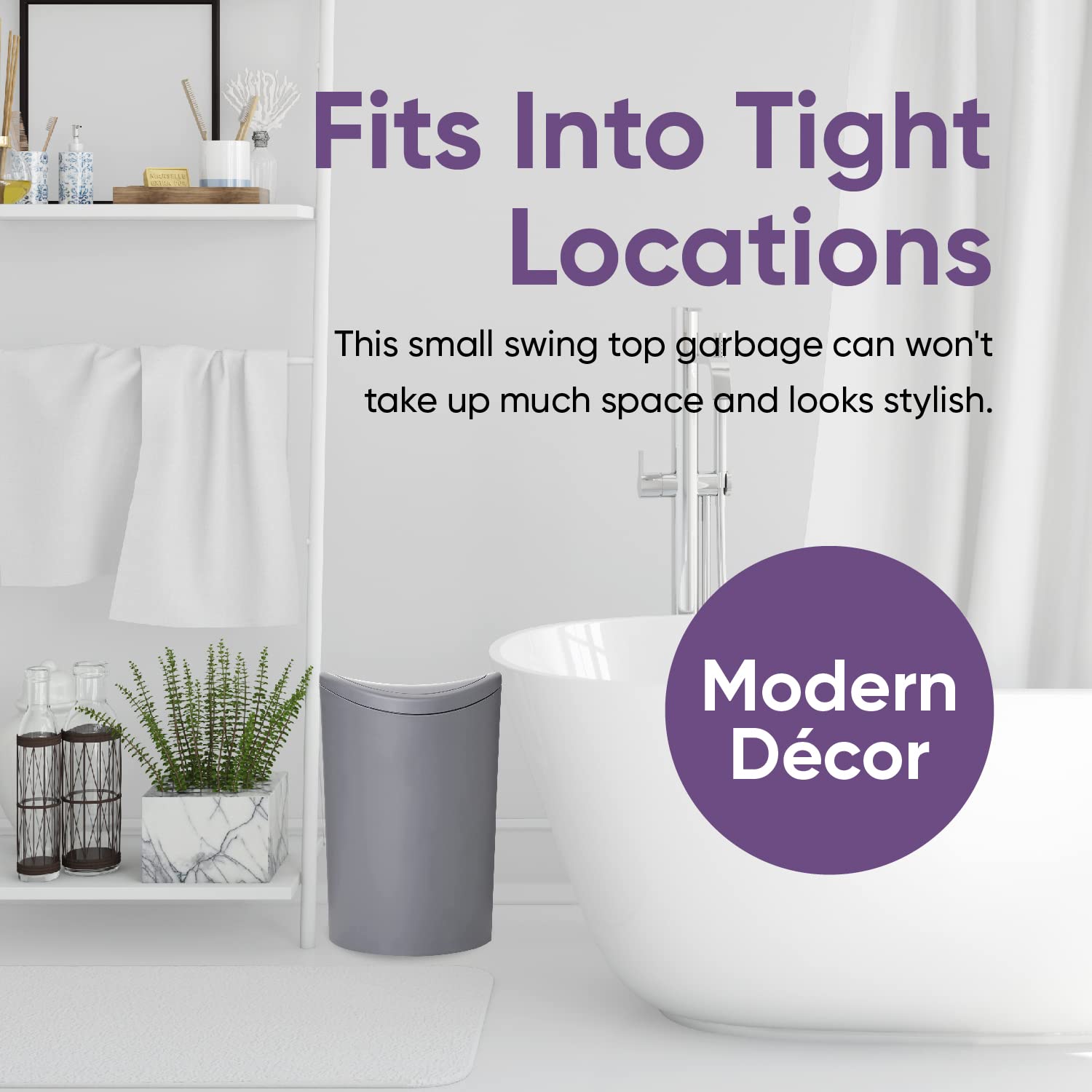 Superio Small Bathroom Trash Can With Lid, Modern Grey Mini Waste Bin With Swing Lid (1 1/2 Gallon, 6 Liter) Plastic Garbage Can