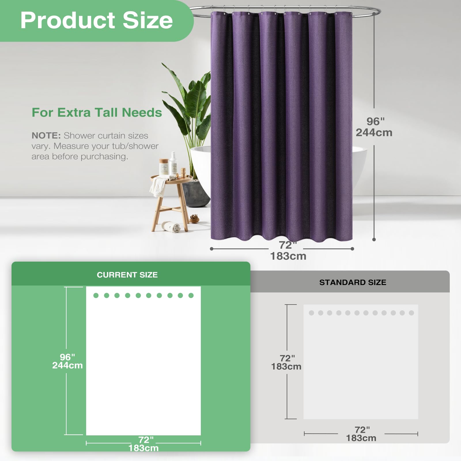Dynamene Extra Long Shower Curtain 96 Inch Long Waffle Weave Heavy Duty Thick Fabric Bathroom Shower Curtain  Neutral Weighted Hotel Bath Curtain Set with 12 Plastic Hooks 72x96 Purple