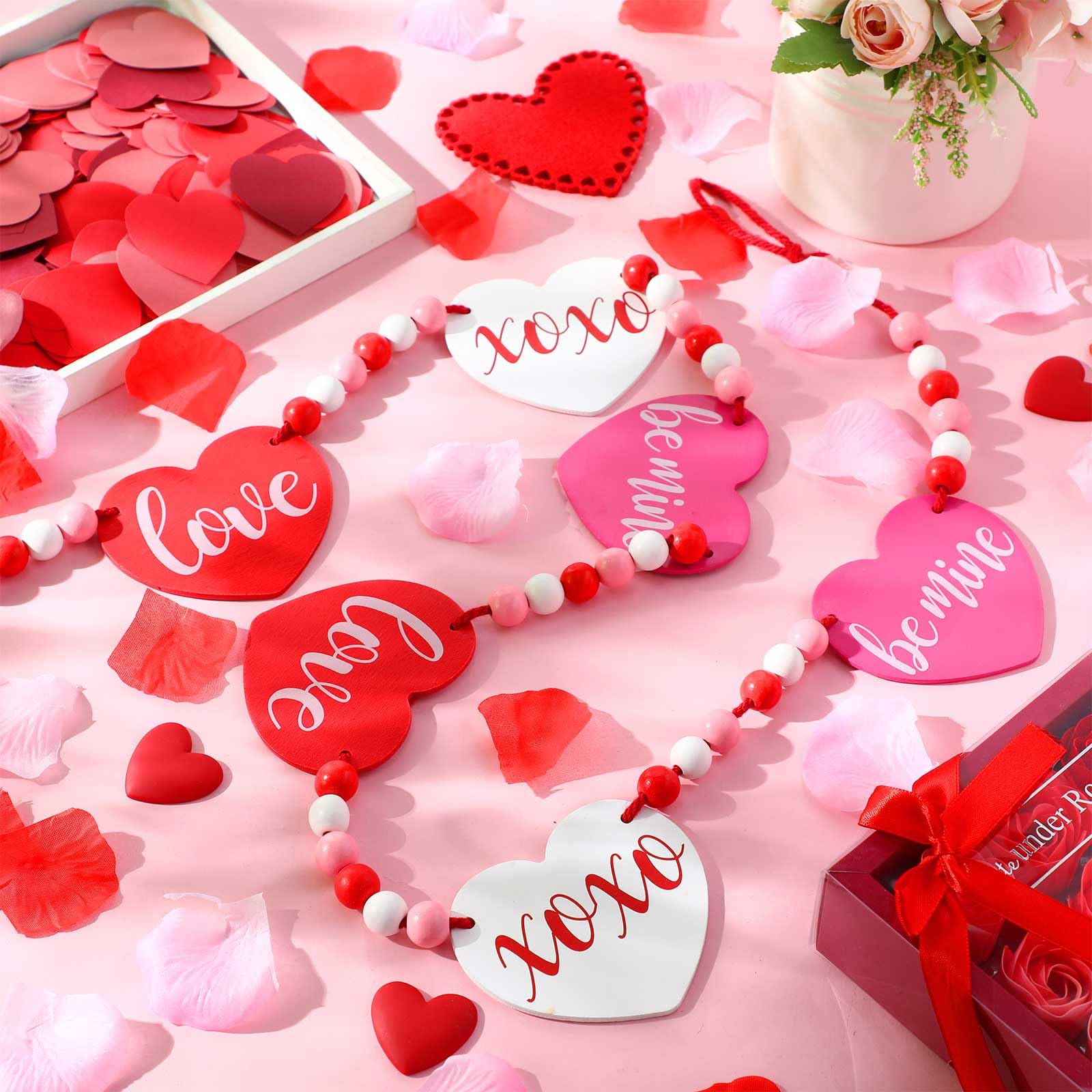 Blosssound Valentines Wood Beaded Garland Pre-Strung 4.2Ft Valentine'S Day Banner Decor Heart Banner Garland Wooden Valentines D