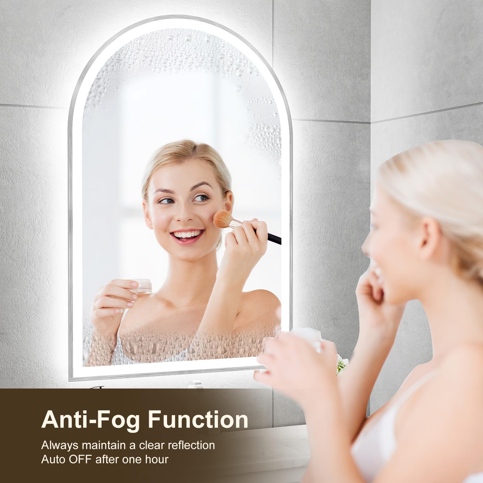 Oumusu Arched Led Bathroom Mirror 20''X30'' With Front And Backlight, Brushed Nickel Bathroom Mirror With Lights-Anti-Fog, Dimma