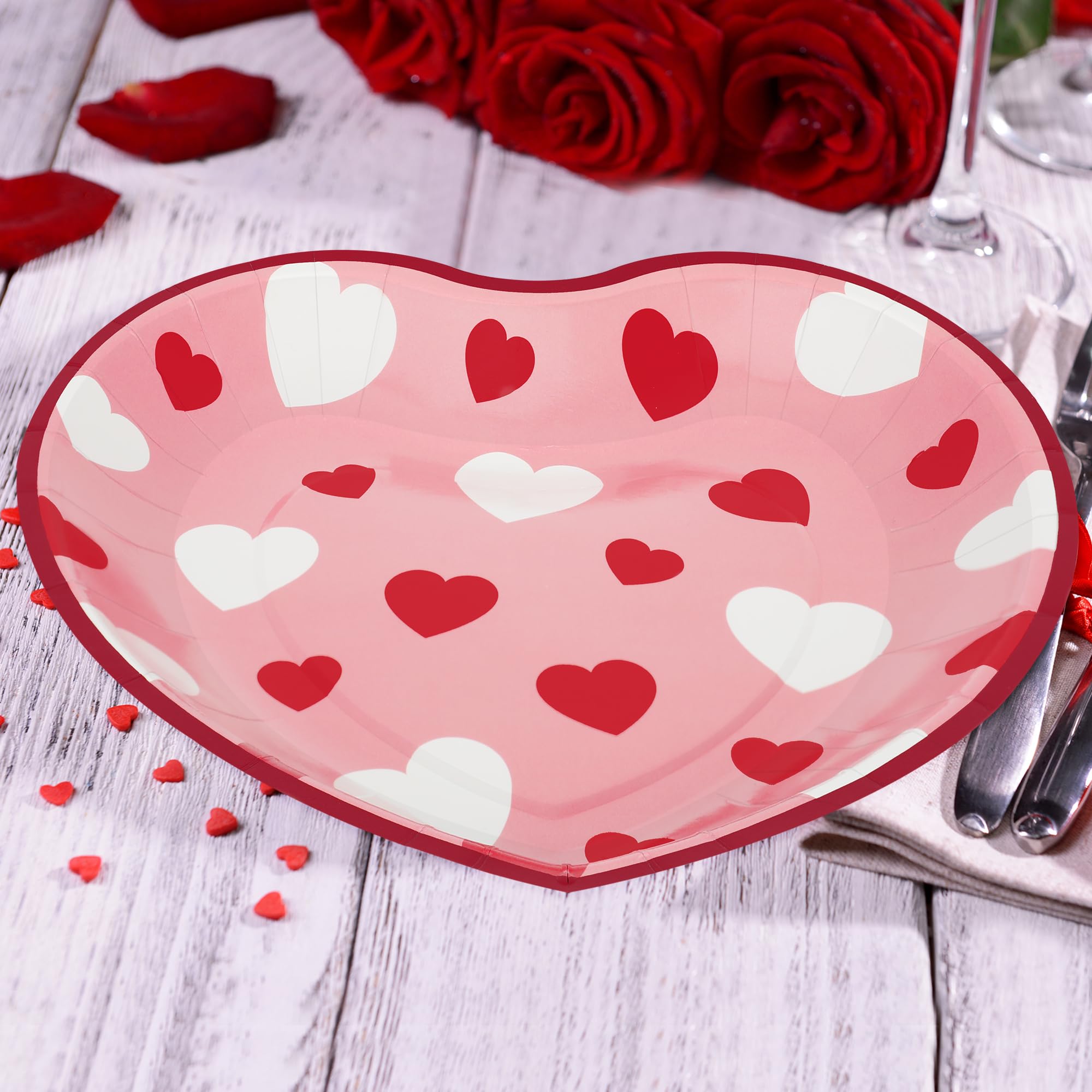 Qzyl 48 Pcs Valentines Plates, 9 In Disposable Heart Shaped Plates, Red Pink Heart Design Heart Plates Valentines Paper Plates,