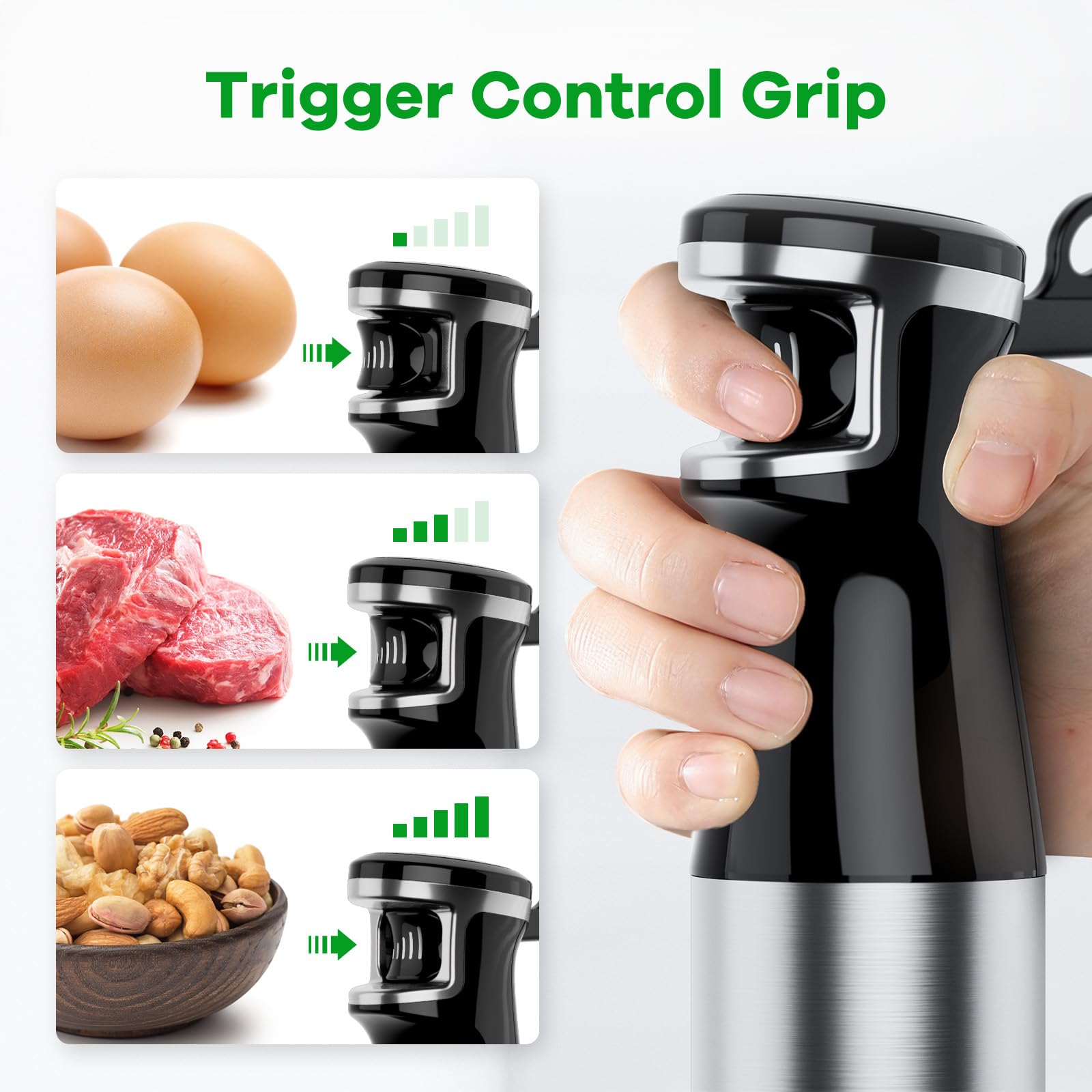 Turelar Immersion Blender 1100W Handheld Stick Blender with Chopper, Whisk & Frother, Silver, Model 8808-HB02