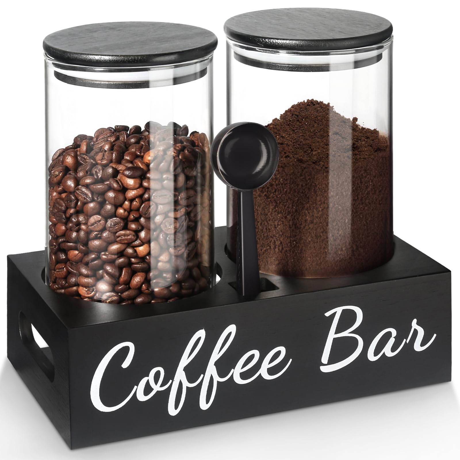 Gmisun Coffee Container, 2Pcs 50Oz Black Glass Coffee Bean Storage Canister With Airtight Lids, Coffee And Sugar Jar Set With Sc