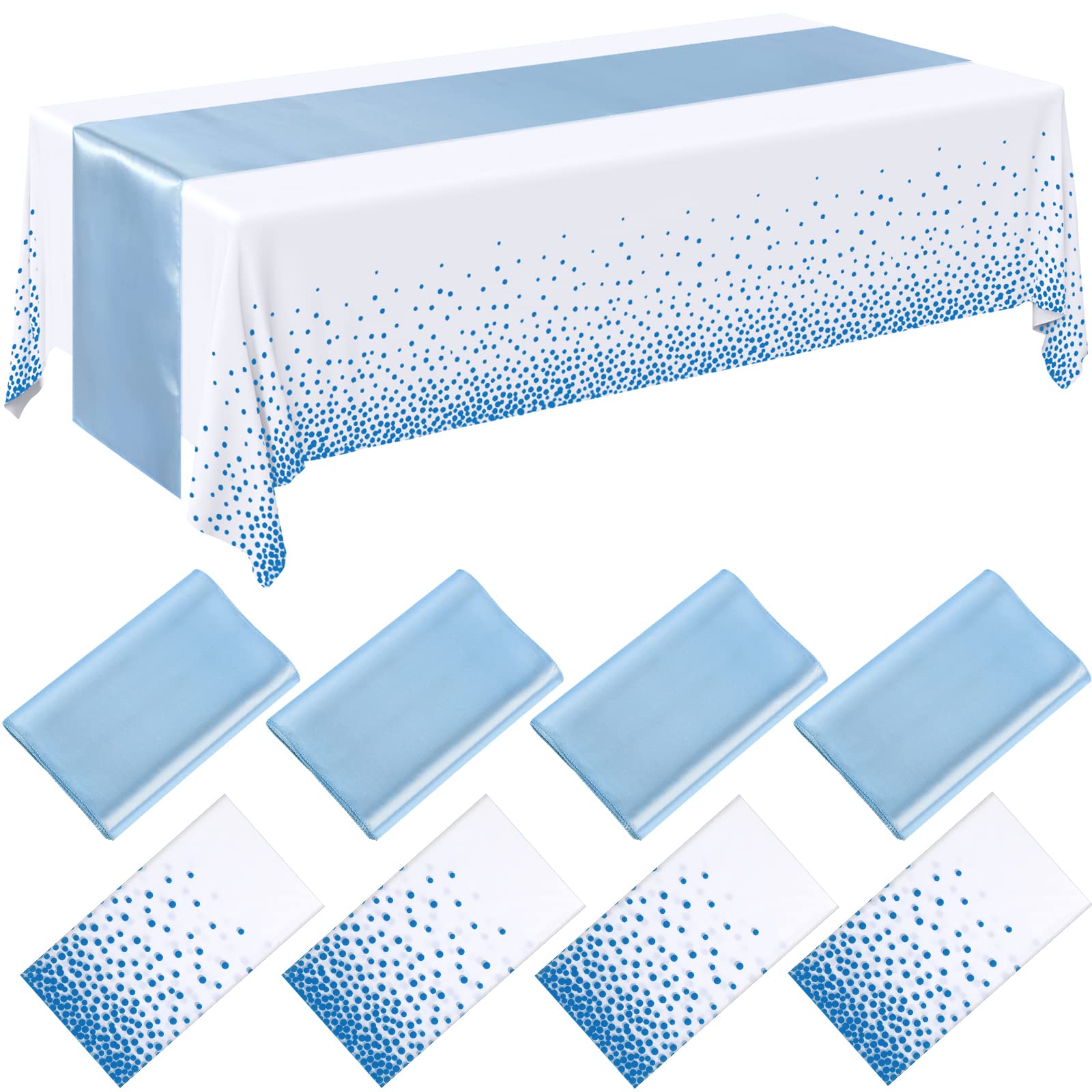Breling 8 Pack Winter Baby Blue and White Disposable Plastic Tablecloths and Satin Table Runner Set, 54 x 108 Inch Tablecloth, 1