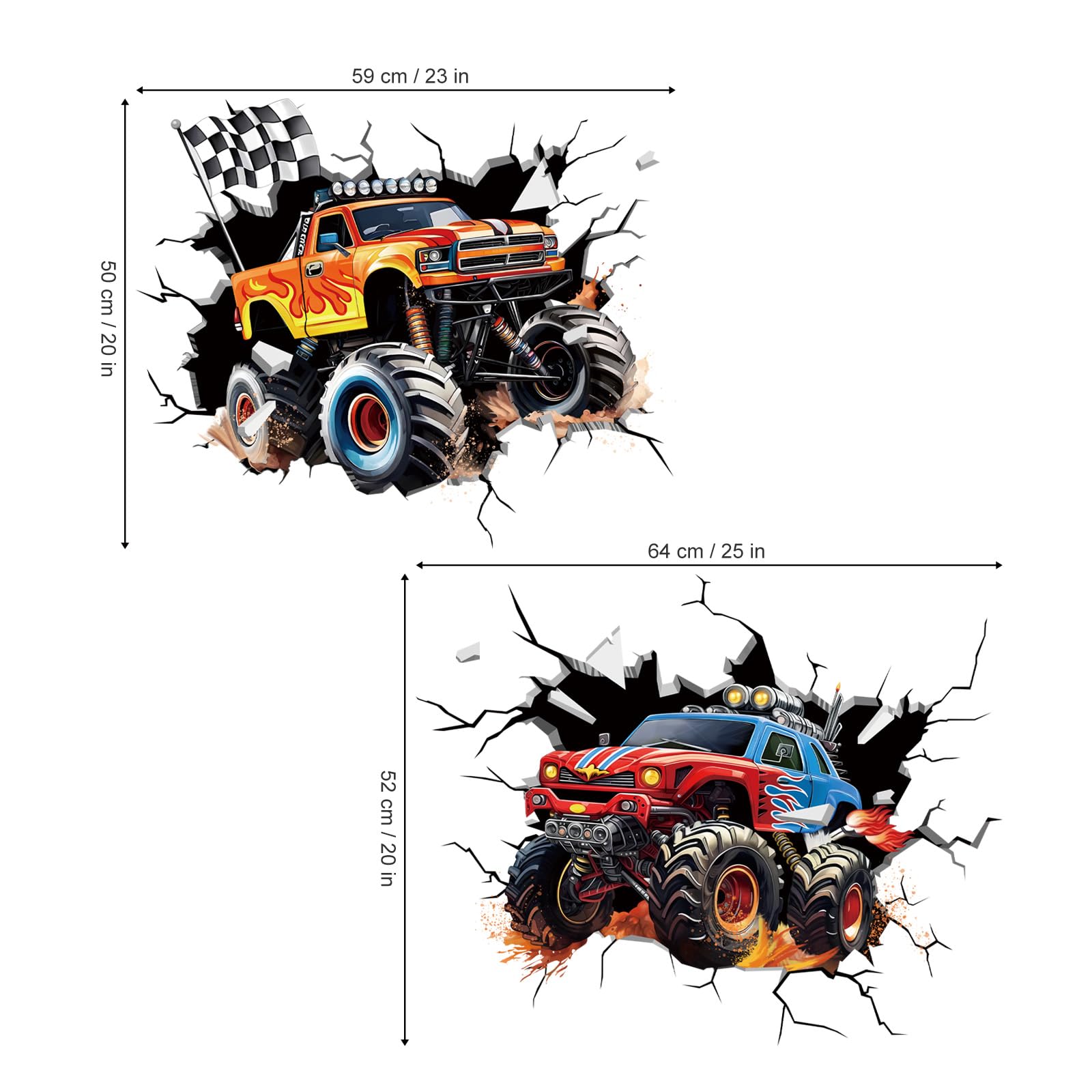 Decalmile 2 Large 3D Racing Cars Wall Decals Trucks Break Through Wall Stickers Boys Bedroom Kids Room Playroom Wall Decor