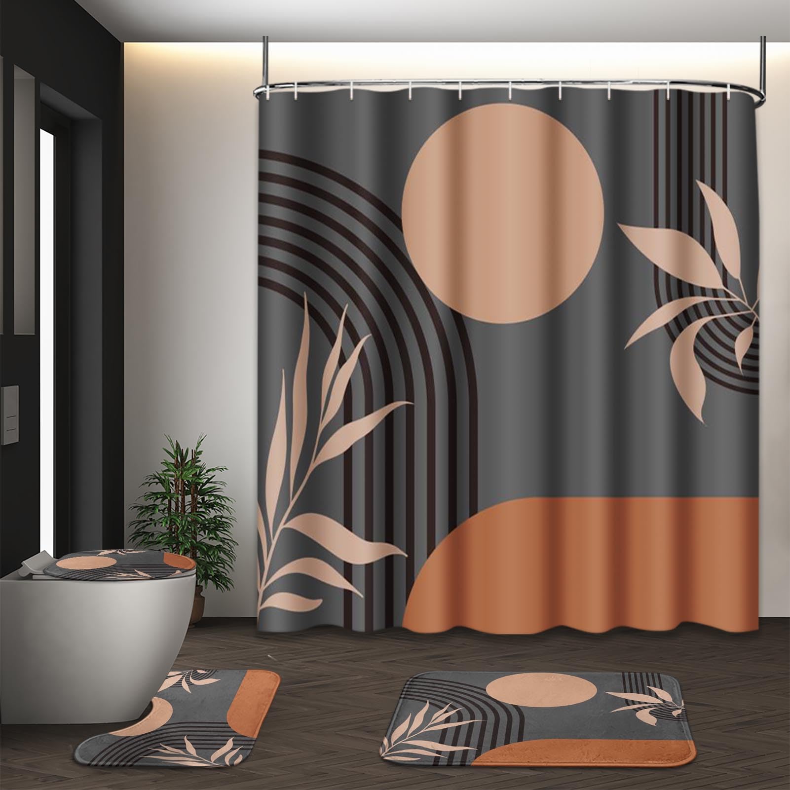 Tayney Boho Mid Century Shower Curtain Set With Toilet Lid Cover And Non-Slip Rugs, Abstract Grey Background 4 Pcs Modern Minima