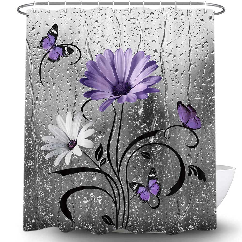 Uokiuki Rustic Purple Floral Boho Shower Curtain, Country Farmhouse Daisy Flowers And Butterfly Shower Curtain For Bathroom, Gre