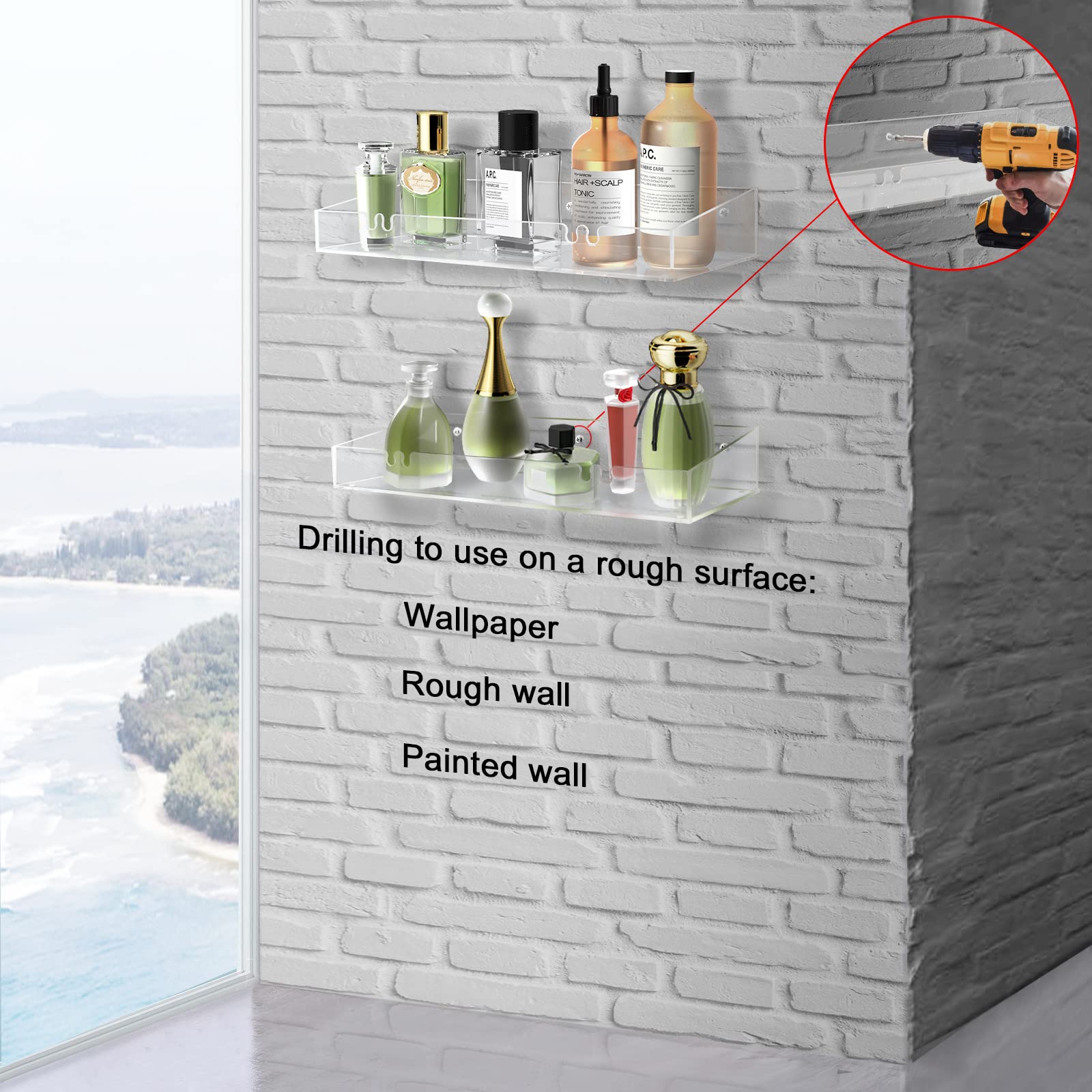 Durmmur 2Pack Acrylic Clear Shower Shelves, Adhesive Bathroom Shower Caddy Organizer, Transparent No Drilling Wall Floating Shel