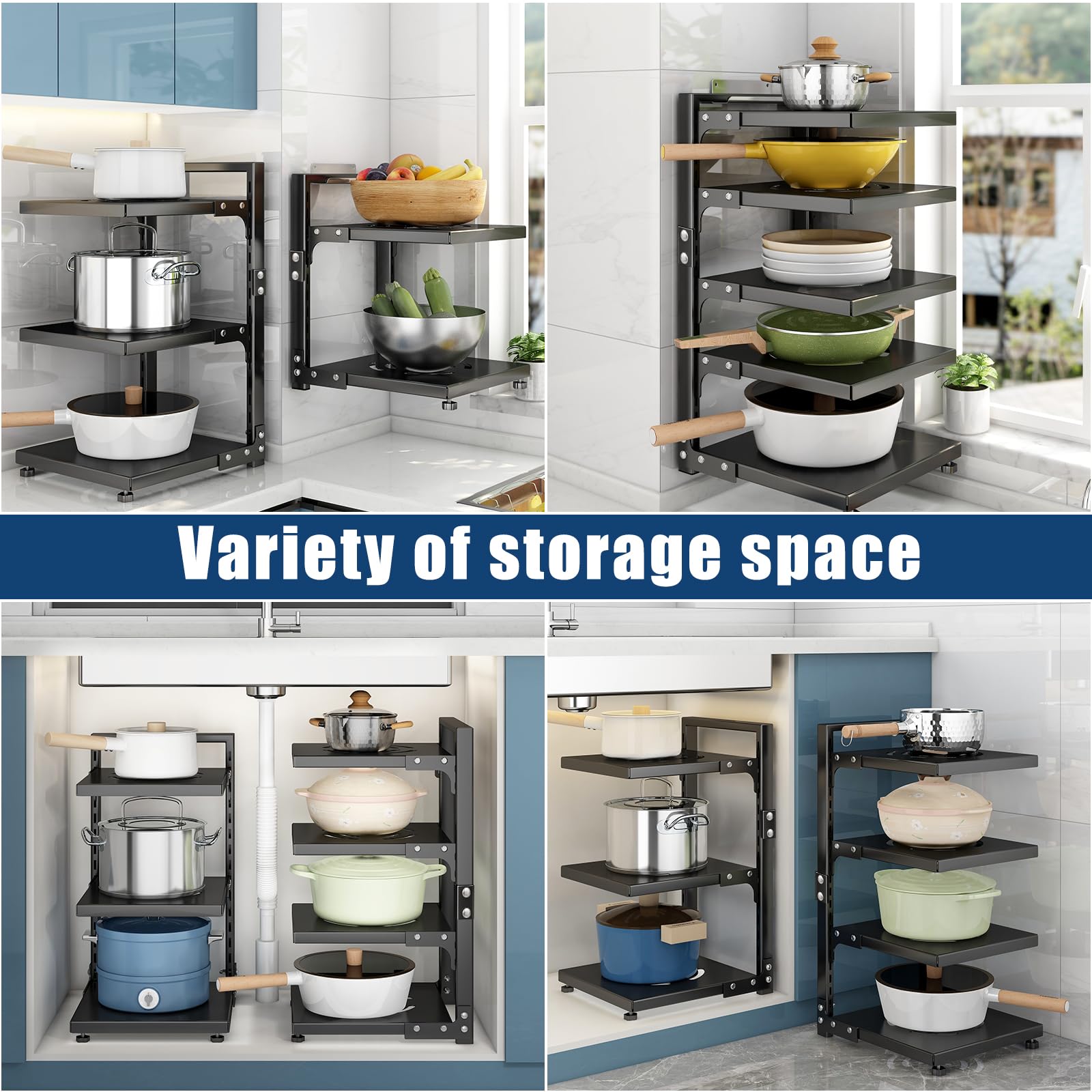 Pot Rack Organizers:Casonnik 7-Tier Adjustable Heavy Duty Pan Organizer Rack For Cabinet