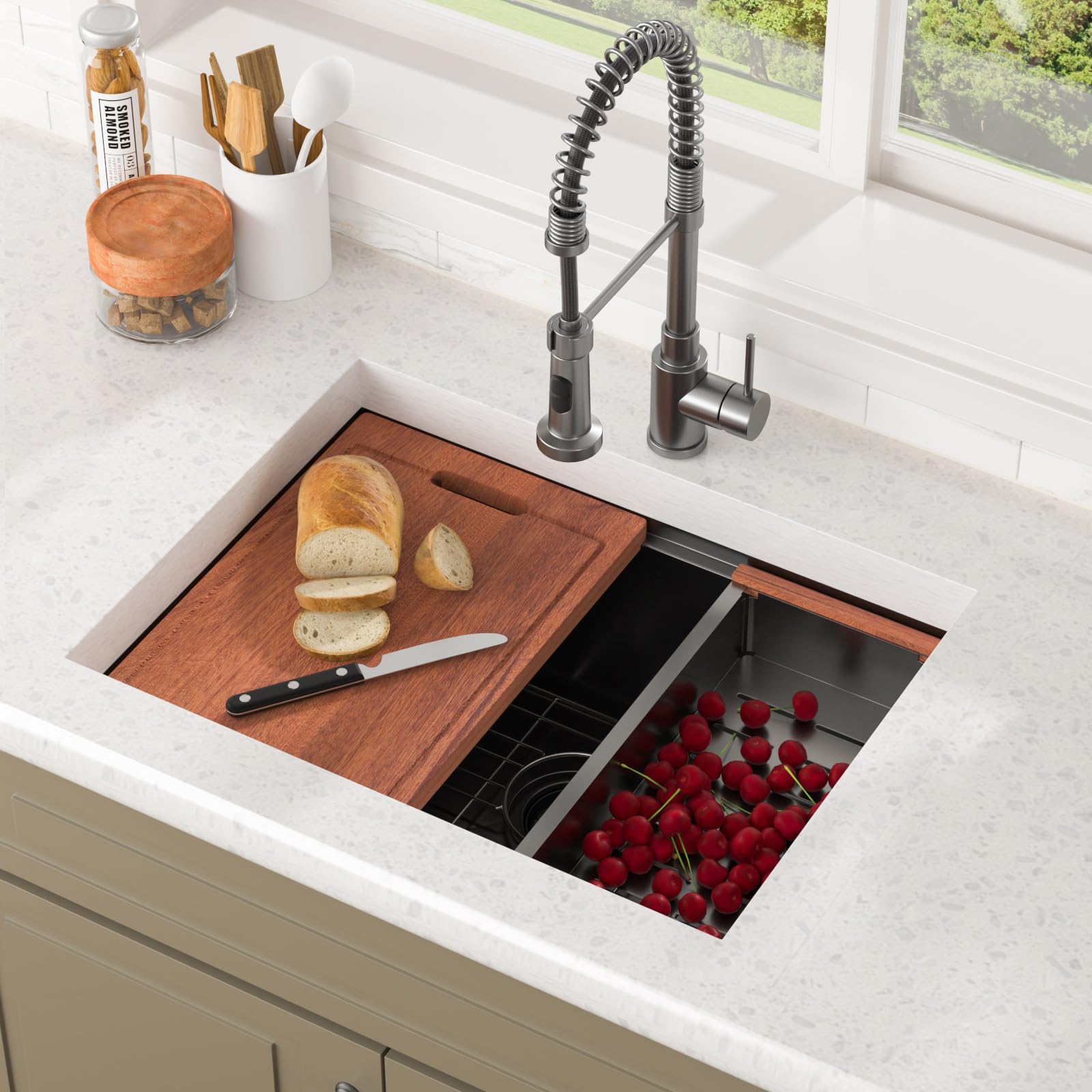 Lordear 25 Inch Black Kitchen Sink Undermount Kitchen Sink Workstation 25X19X10 Gunmetal Black 16 Gauge Stainless Steel Single B