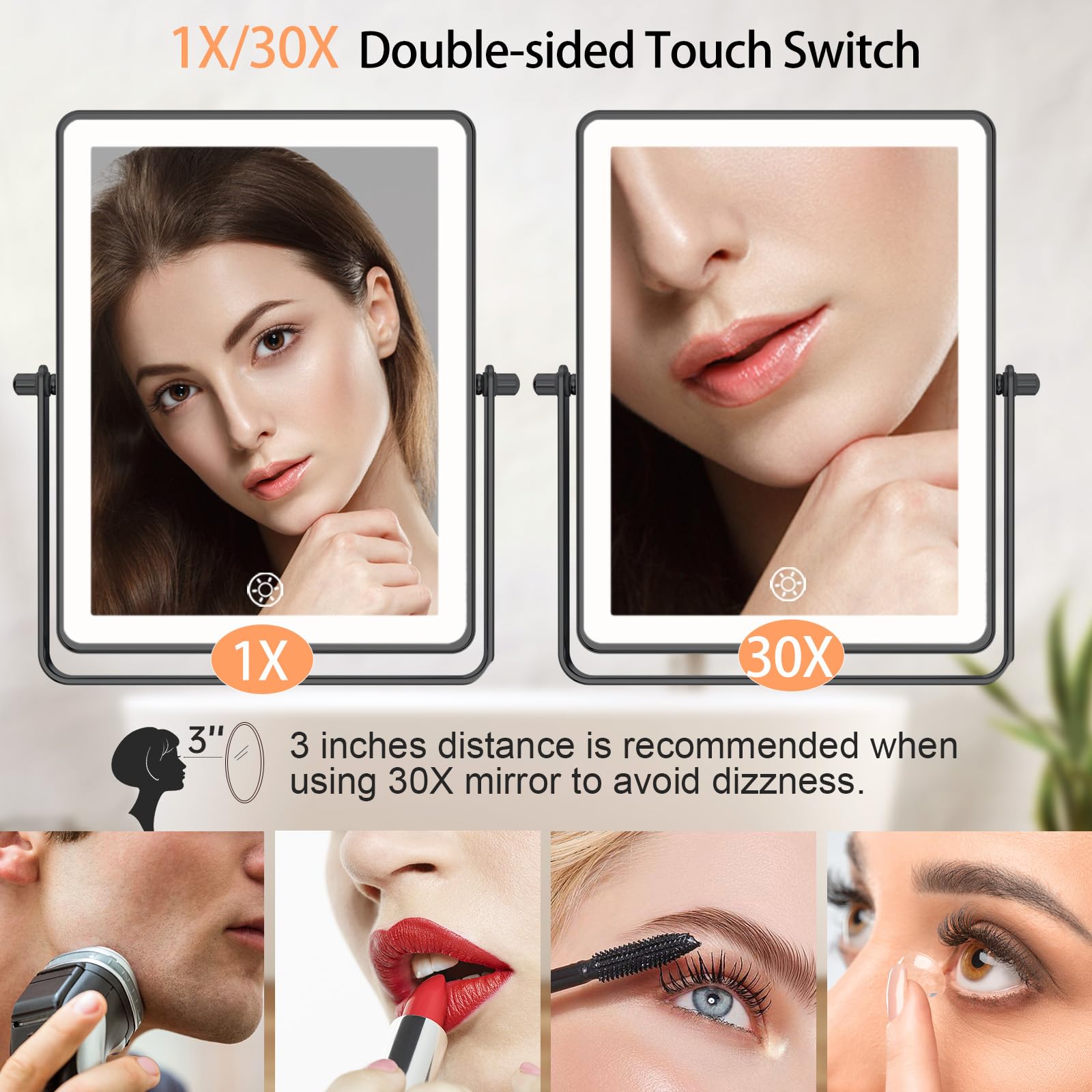 FASCINATE 5000mAh Rechargeable Wall Mounted Makeup Mirror, 8.7  Double Sided Touch Switch 1X 30X Rectangle Magnifying Mirror wit