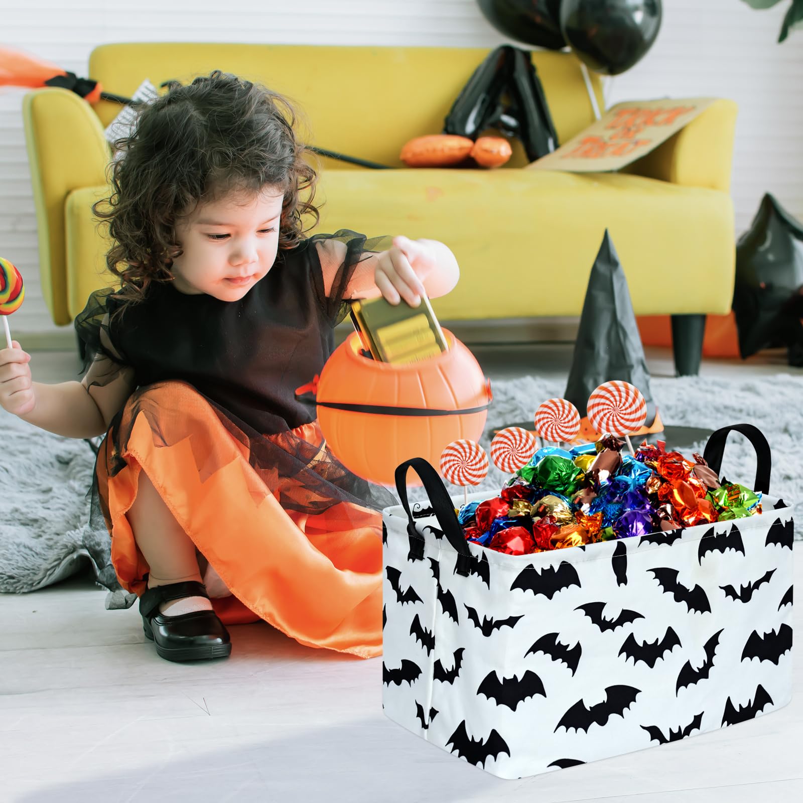 KUNRO Bat Pattern Halloween Storage Gift Basket Canvas Storage Bins with Handles Rectangle Storage Cubes Organizer for Bedroom L