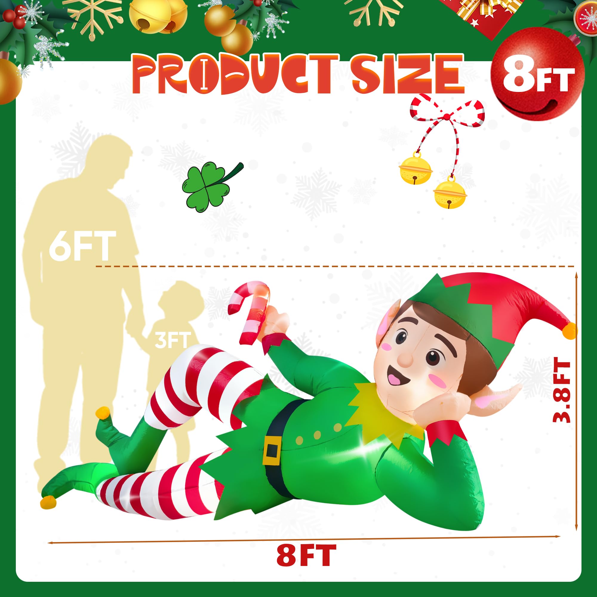 CORALMEE 8FT Christmas Inflatable Outdoor Decoration, Lying Elf Christmas Blow up Yard Decorations with Built-in LED Lights, Gia