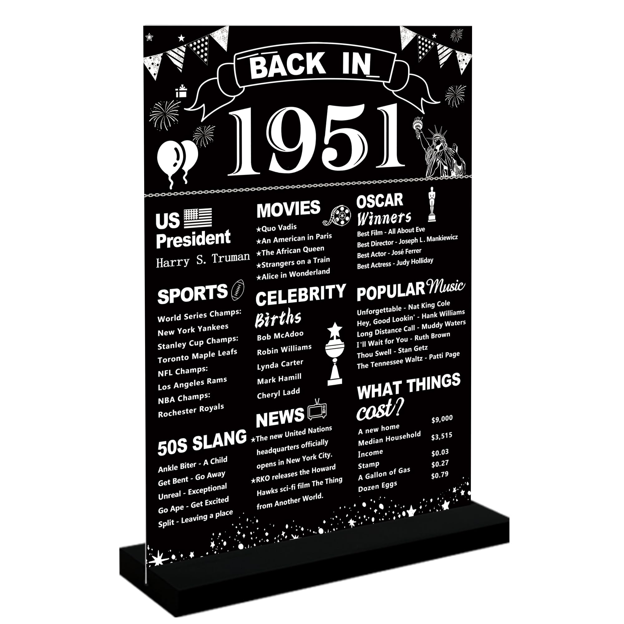 DARUNAXY 75th Birthday Party Decorations, Black Back in 1951 Poster Acrylic Sign with Stand 75 Year Old Party Supplies for Men& 