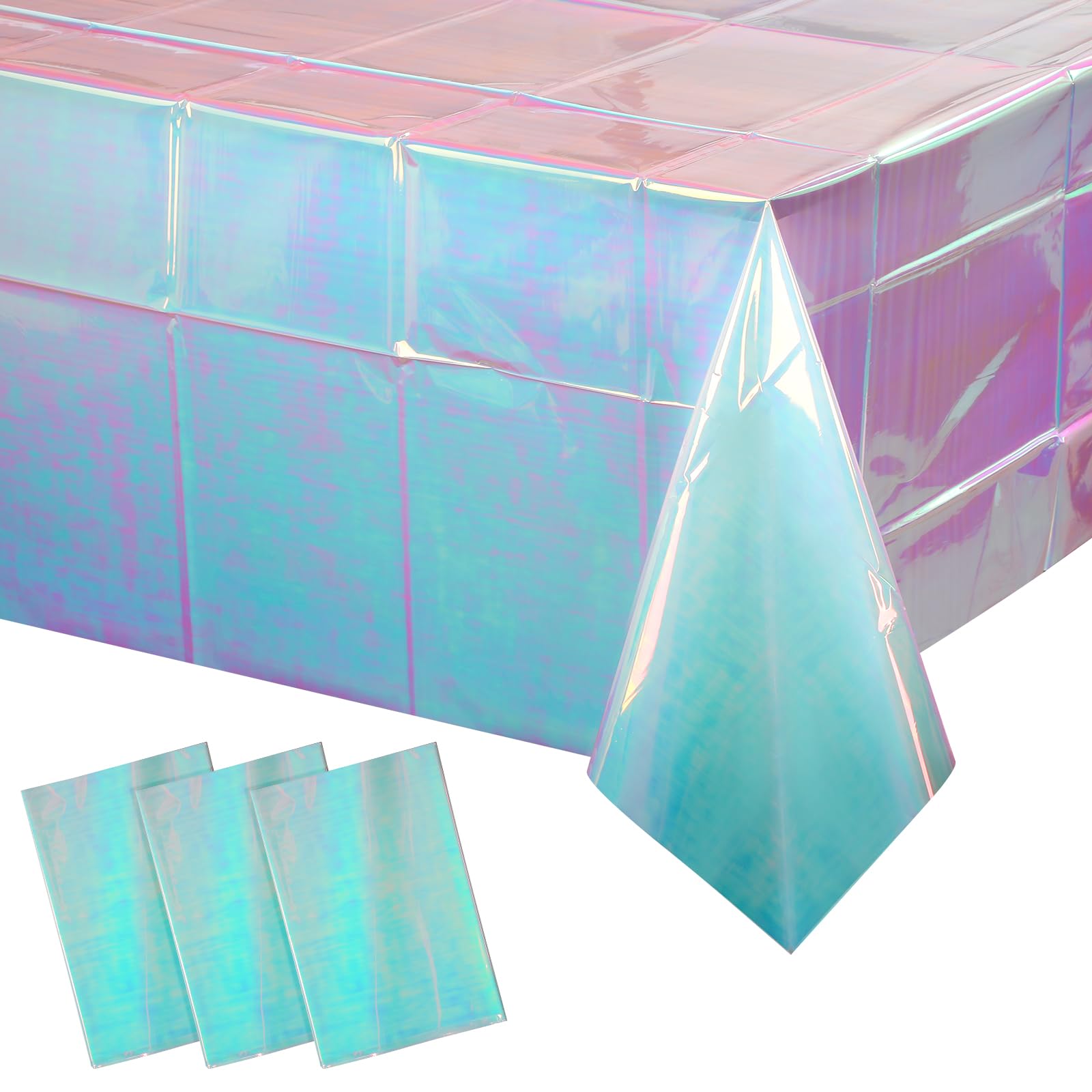 3 Pack Iridescent Blue Plastic Tablecloth, Shiny Blue Disposable Laser Rectangle Table Covers, Blue Holographic Foil Tablecloth